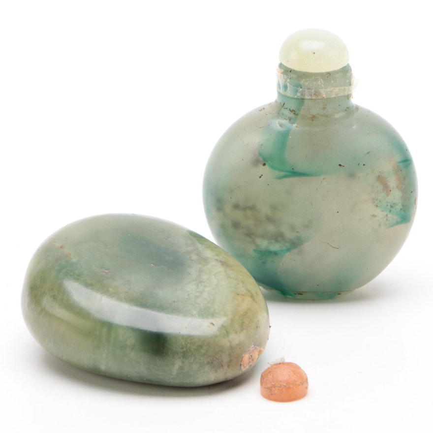 Chinese Glass and Serpentine Snuff Bottles, Vintage