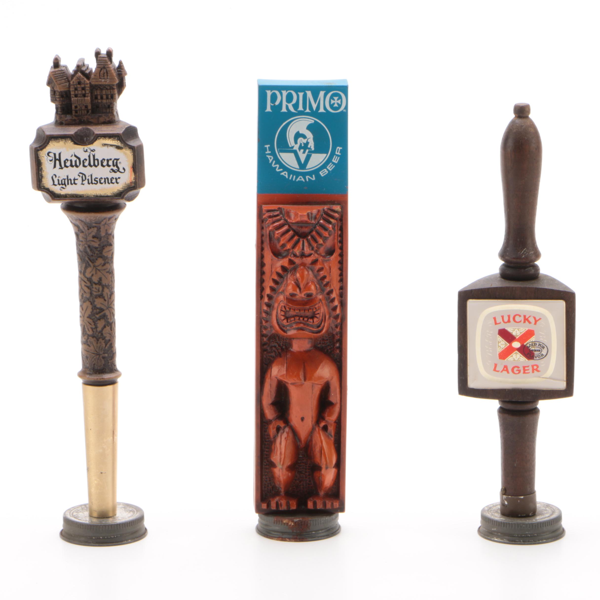Hawaiian "Primo", Heidelberg, and Lucky Lager Beer Tap Handles, Vintage