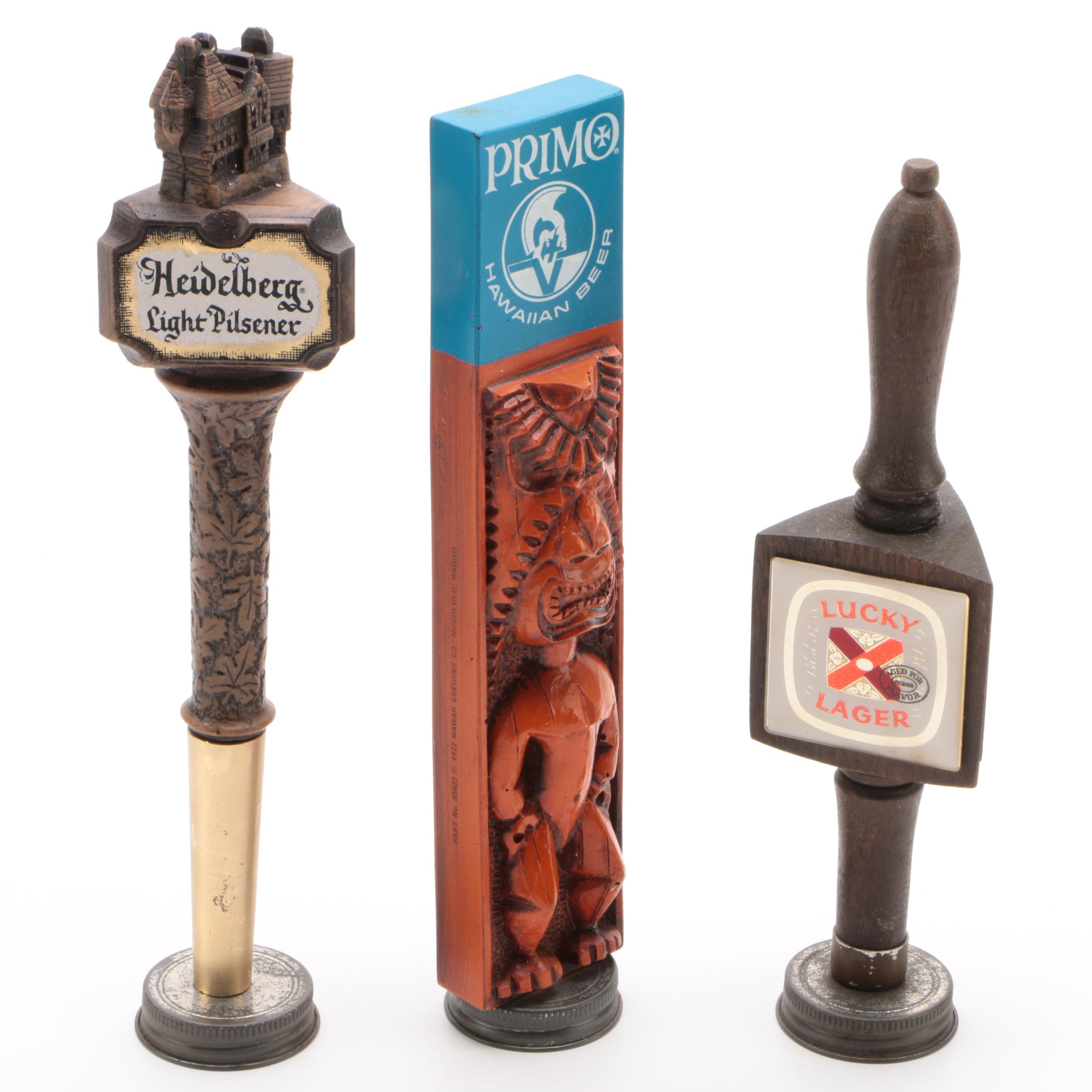 Hawaiian "Primo", Heidelberg, and Lucky Lager Beer Tap Handles, Vintage