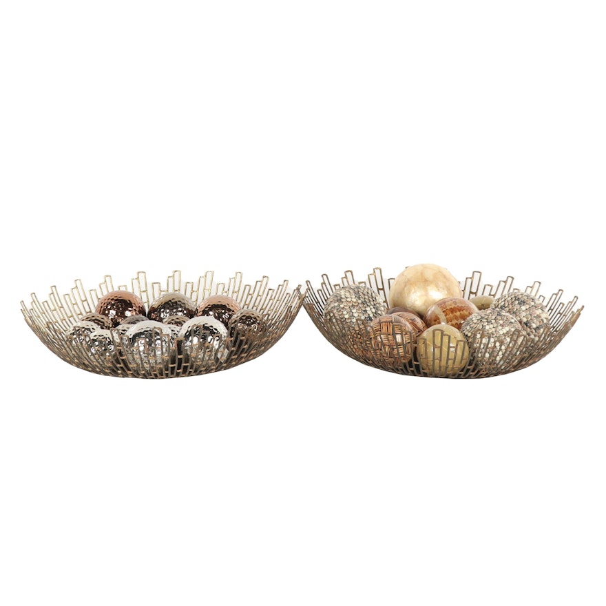 Contemporary Metal Bowls with Assortment of Decorative Carpet Ball Ornaments