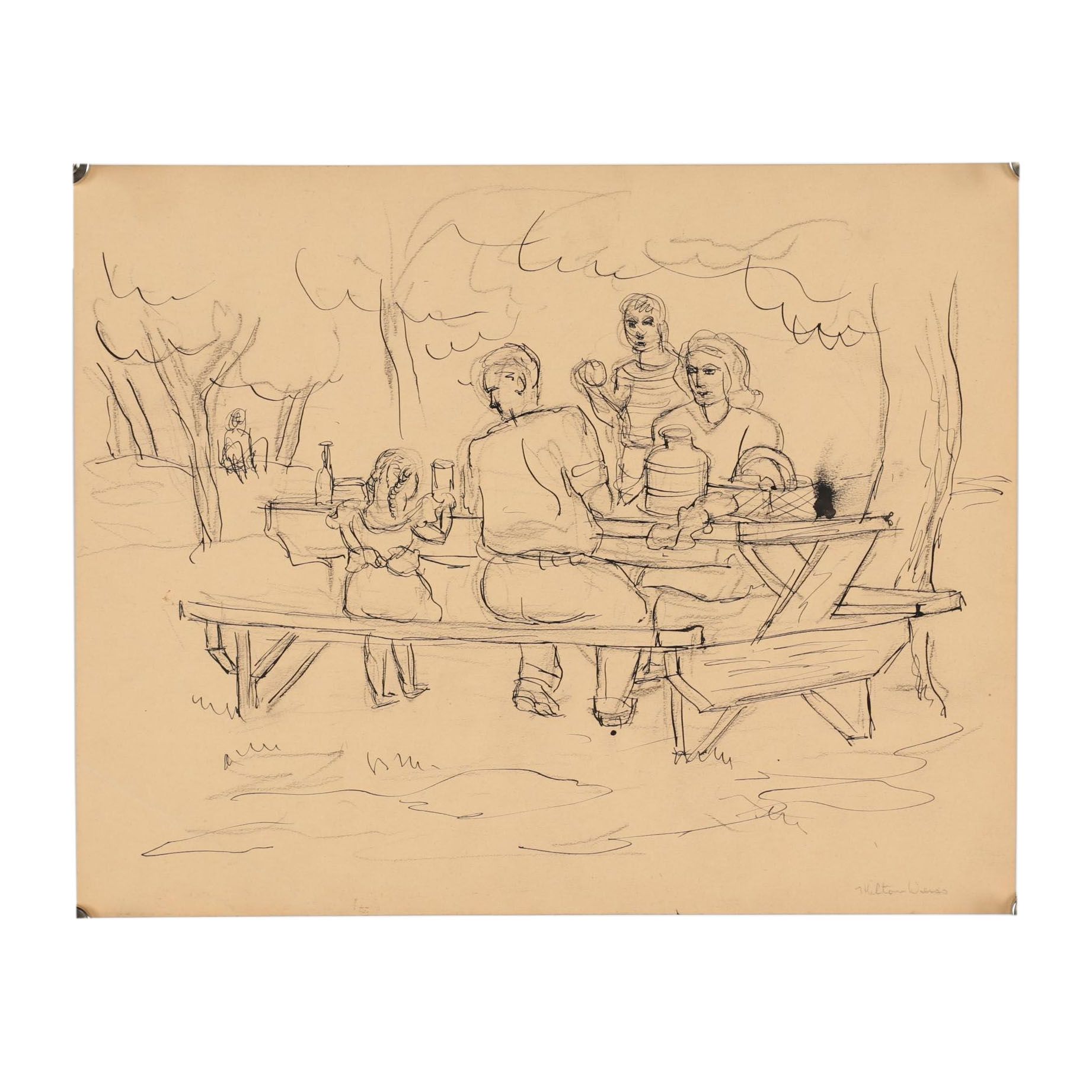 Milton Weiss Figural Mixed Media Drawing