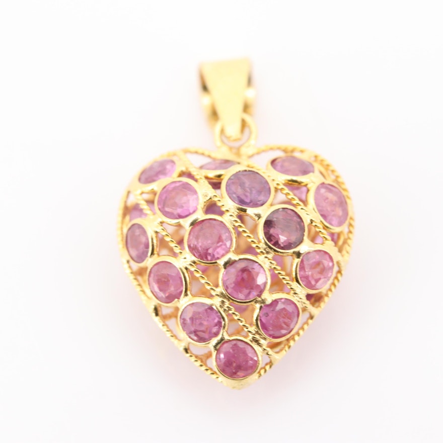 18K Yellow Gold Double-Sided Ruby Heart Pendant