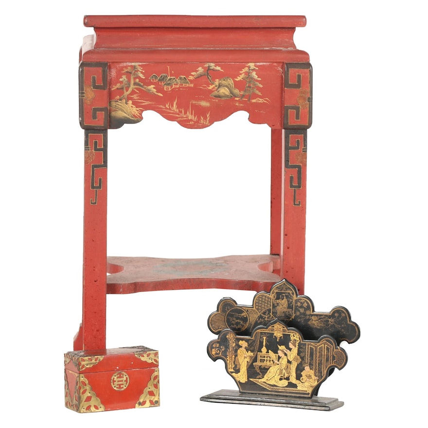 Chinese and Japanese Style Wooden Objects including Chinoiserie Painted Table