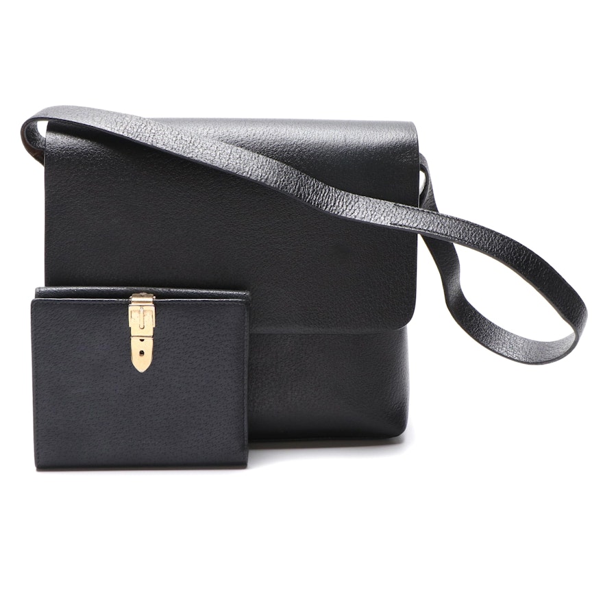 Gucci Black Leather Flap Front Shoulder Bag and Dark Blue Leather Wallet