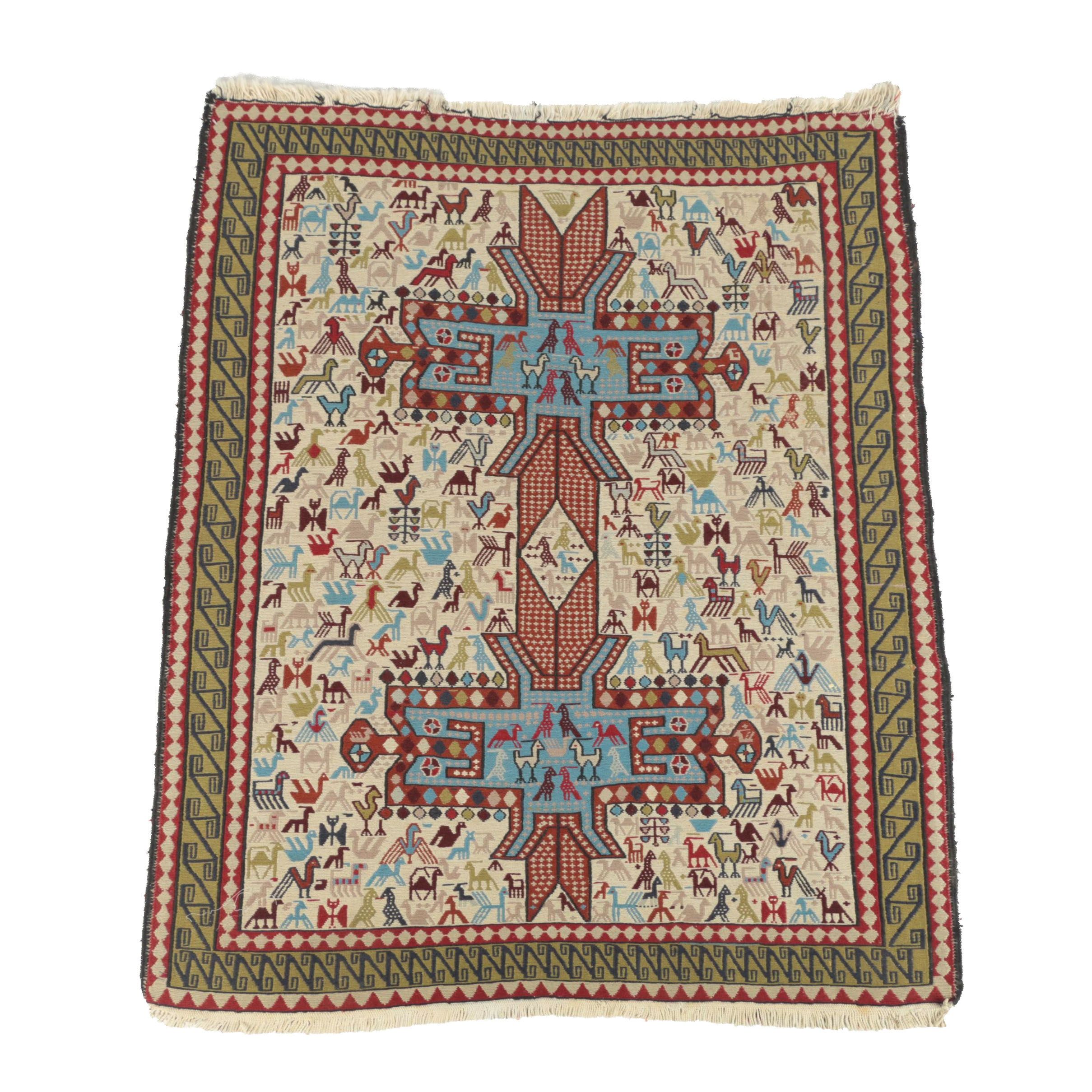Handwoven Perisan Khamseh Wool Soumak Chicken Rug