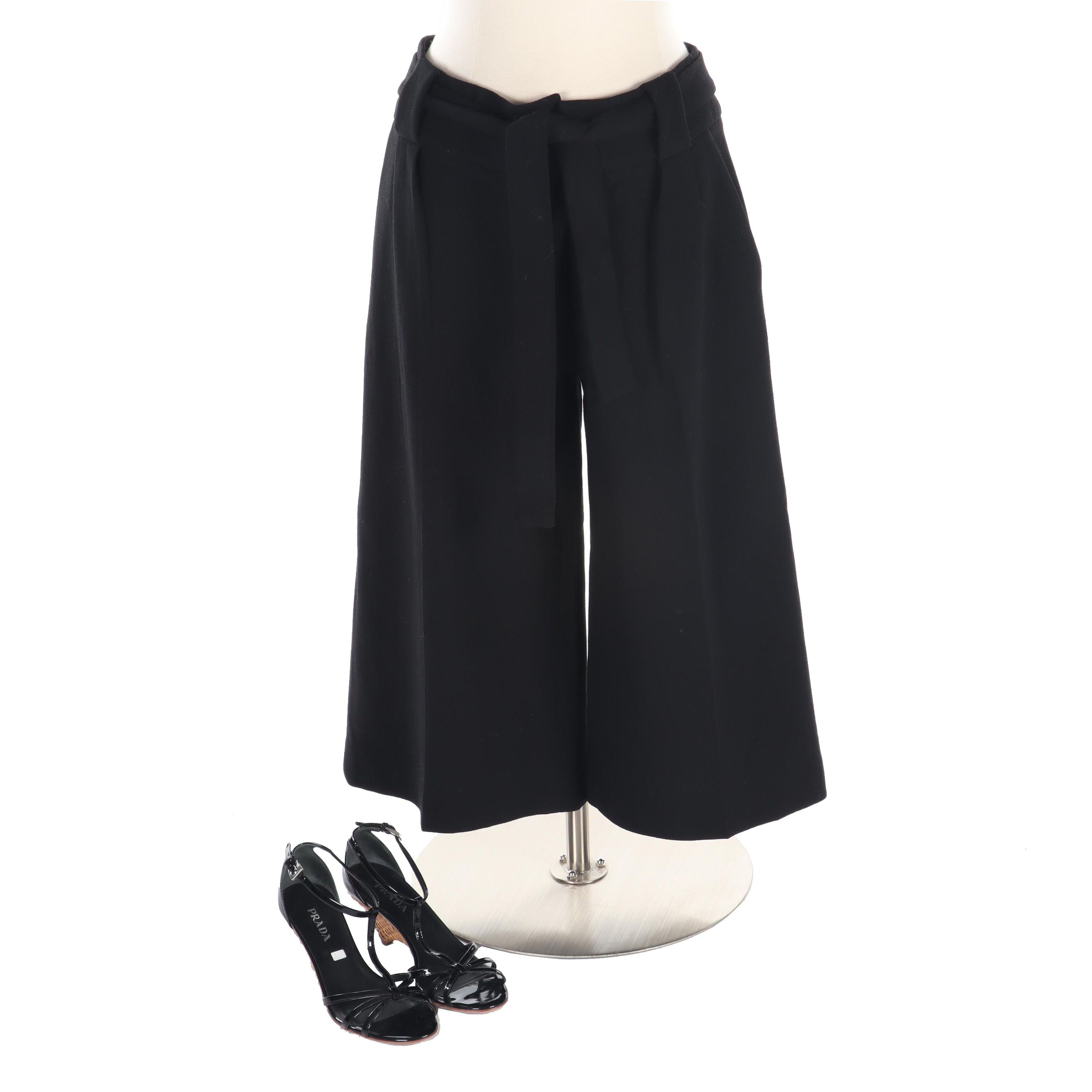 Prada Wool Culottes and Patent Leather T-Strap Woven Wicker Wedge Sandals