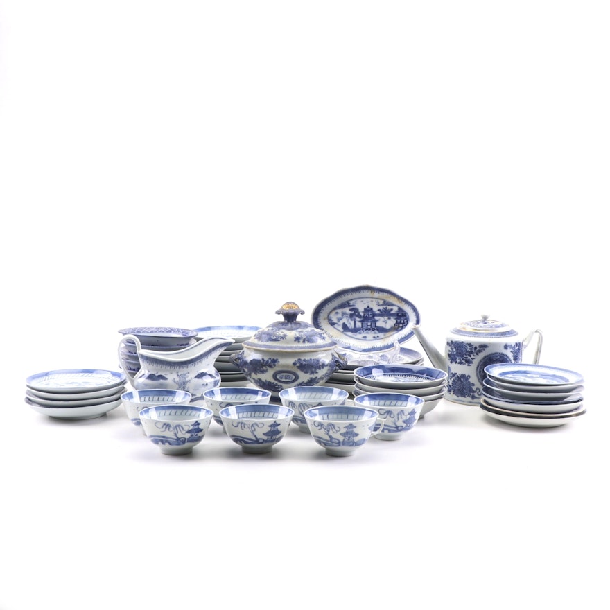 Chinese Blue and White Porcelain Tableware Including Canton, 19th Century