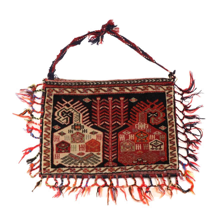 1'5 x 2'5 Hand-Knotted Persian Qashqai Pictorial Storage Bag, circa 1970