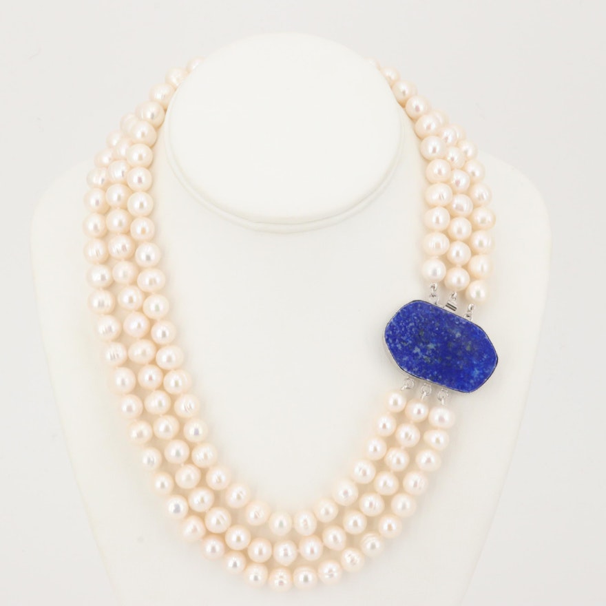 Freshwater Pearl Three Srand Necklace with Lapis Lazuli Clasp