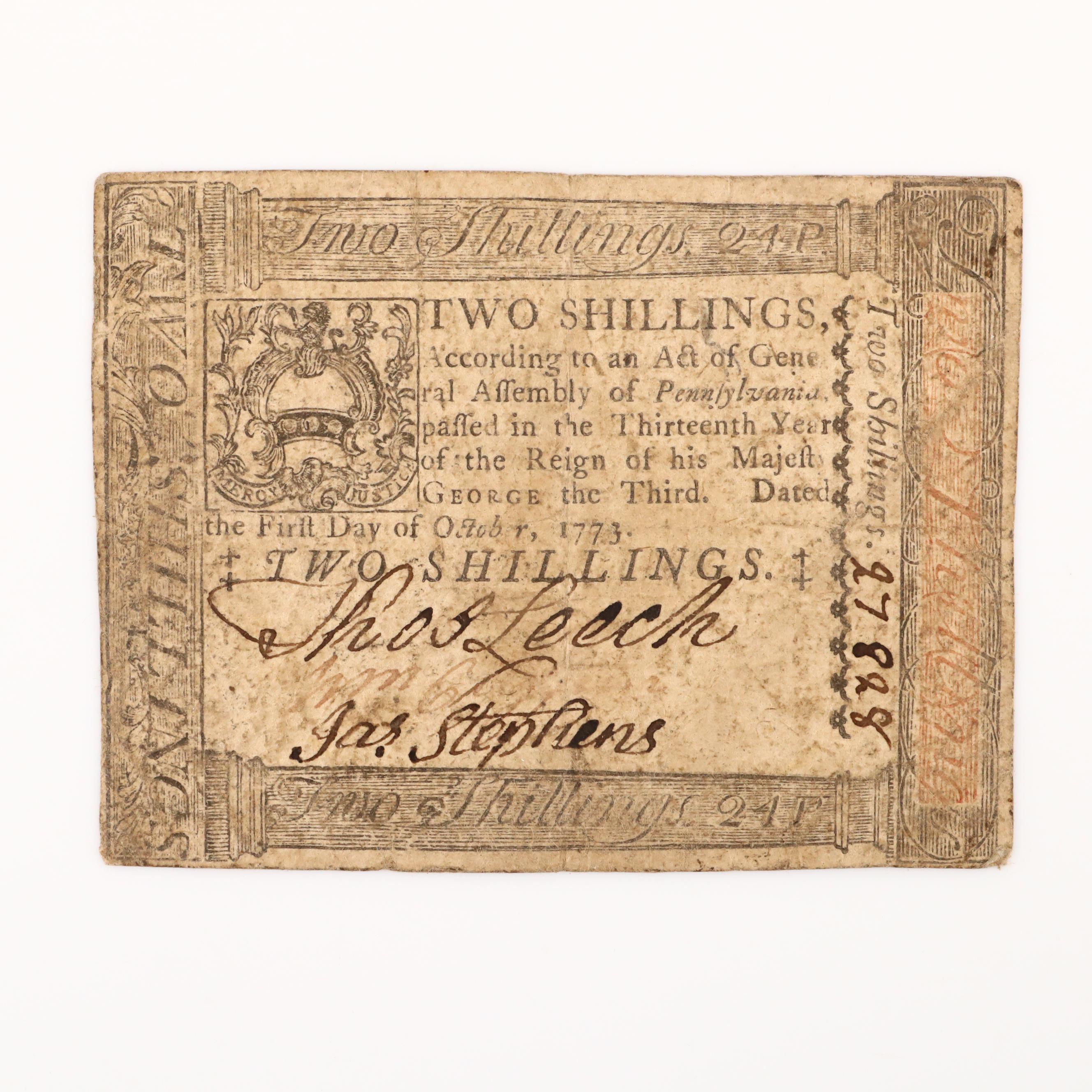 1773 Pennsylvania Colonial Two Shillings Currency Note