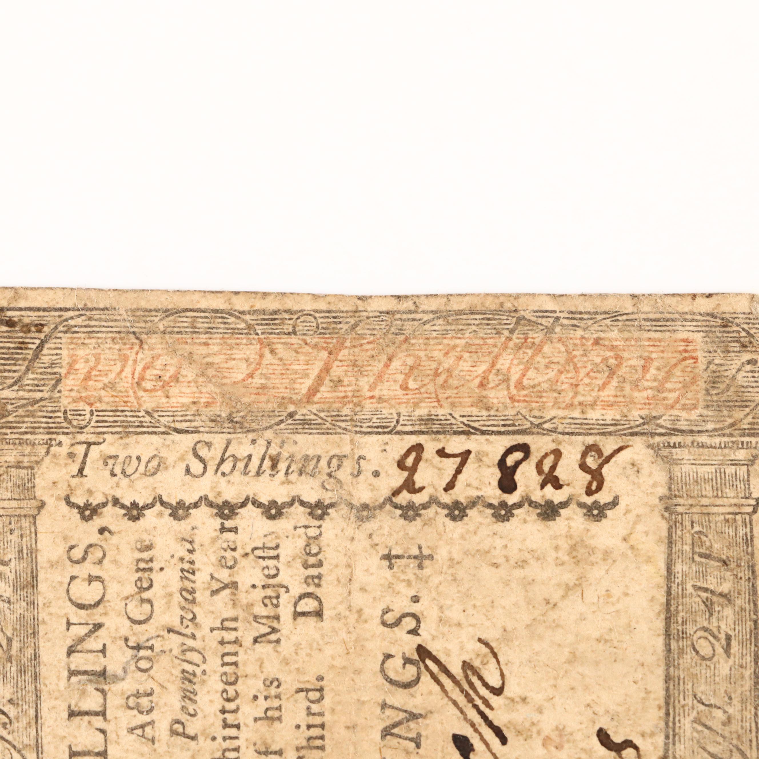 1773 Pennsylvania Colonial Two Shillings Currency Note