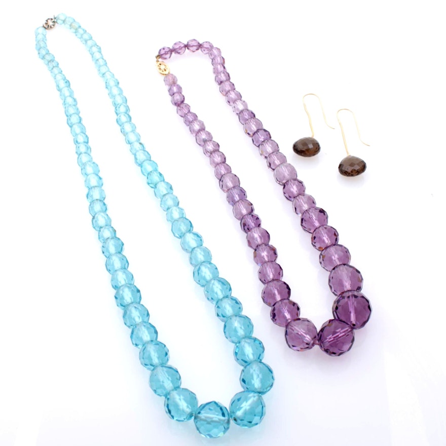 Amethyst and Topaz Faceted Bead Necklaces with Smoky Quartz Earrings
