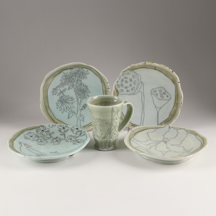 Thrown and Altered Porcelain  Botanical Dinnerware