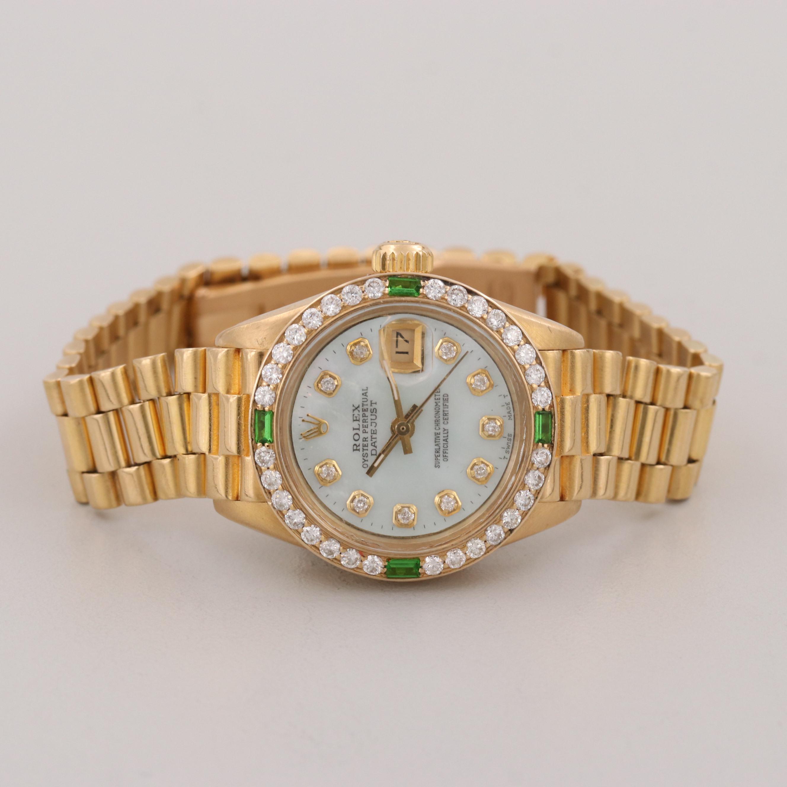 Vintage Rolex Datejust 18K Gold Watch With Diamond and Green Glass Accents, 1979