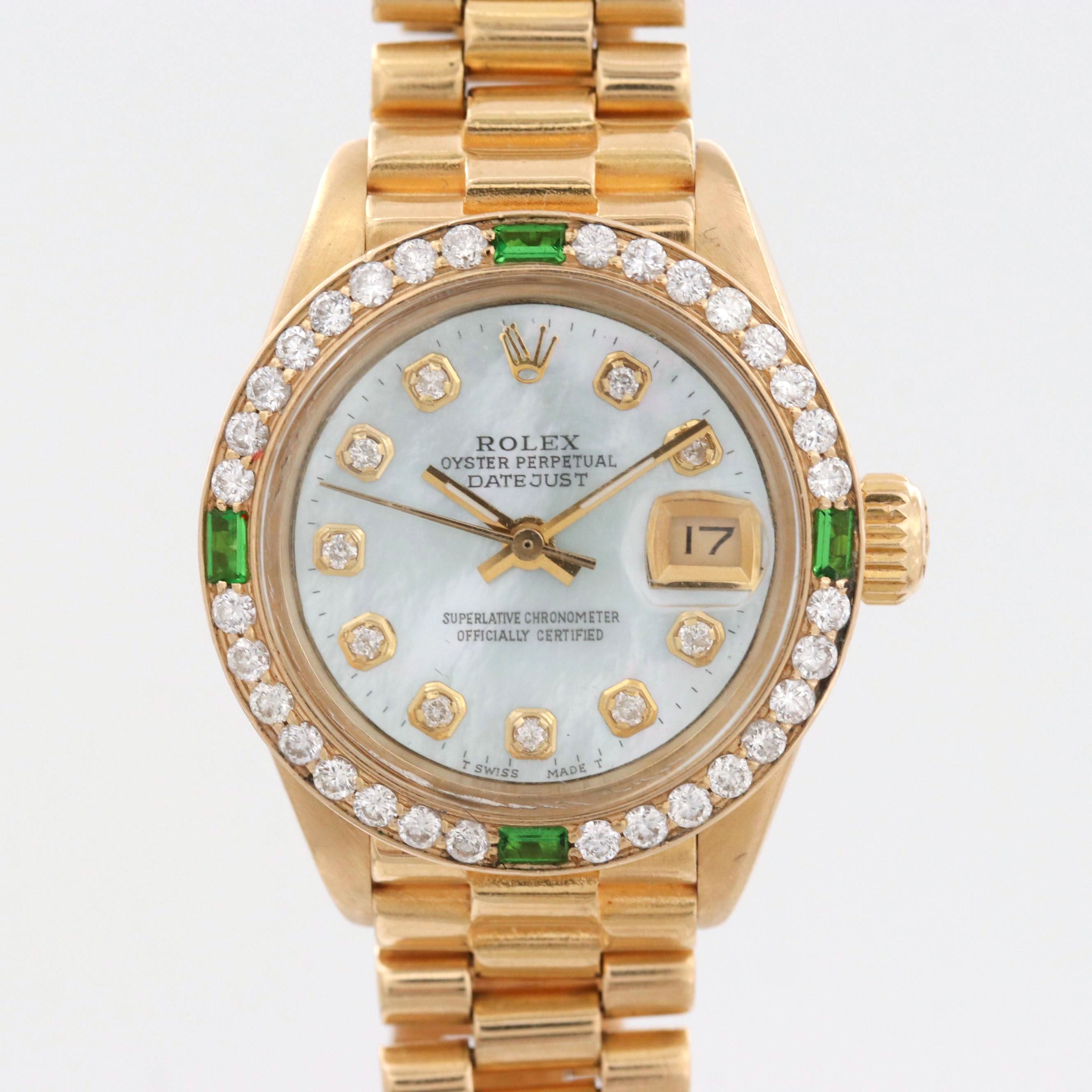 Vintage Rolex Datejust 18K Gold Watch With Diamond and Green Glass Accents, 1979