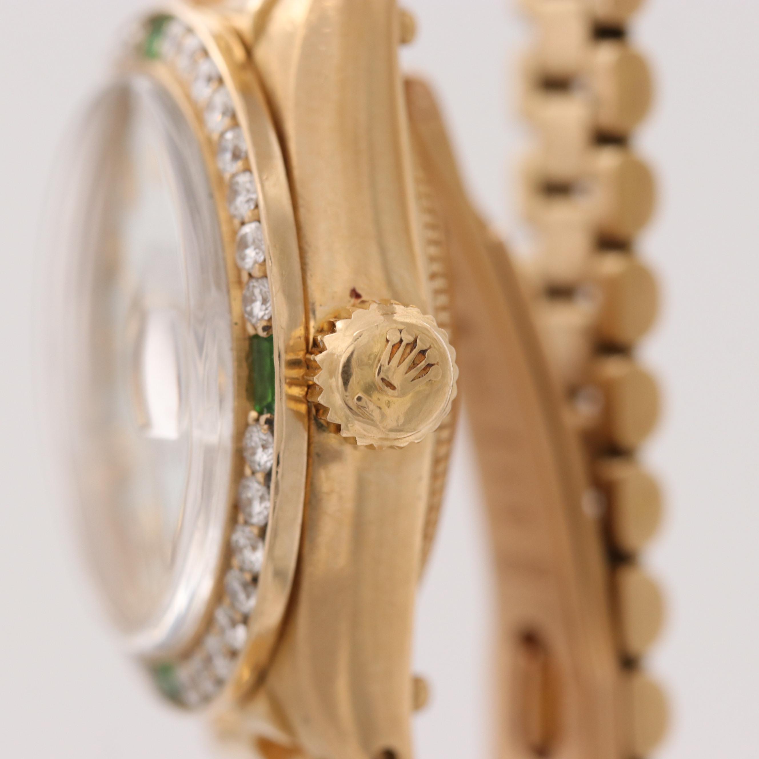 Vintage Rolex Datejust 18K Gold Watch With Diamond and Green Glass Accents, 1979