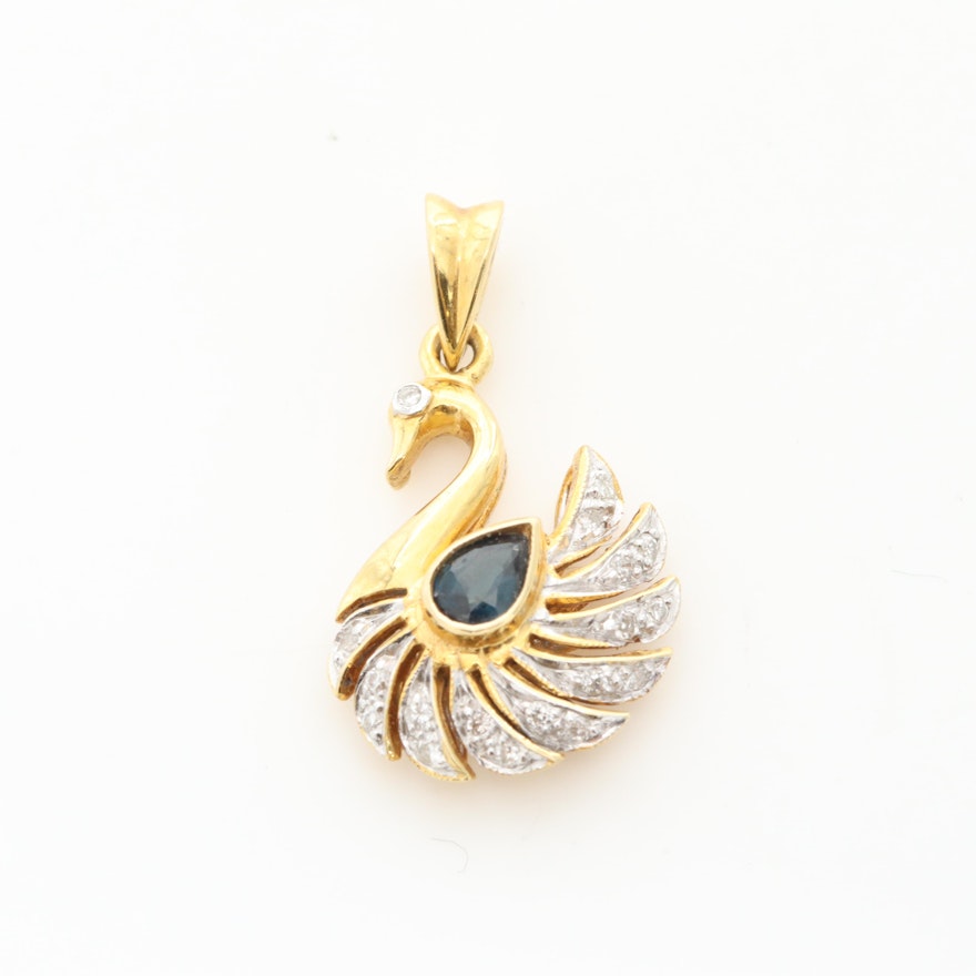 18K Yellow Gold Blue Sapphire and Diamond Swan Pendant