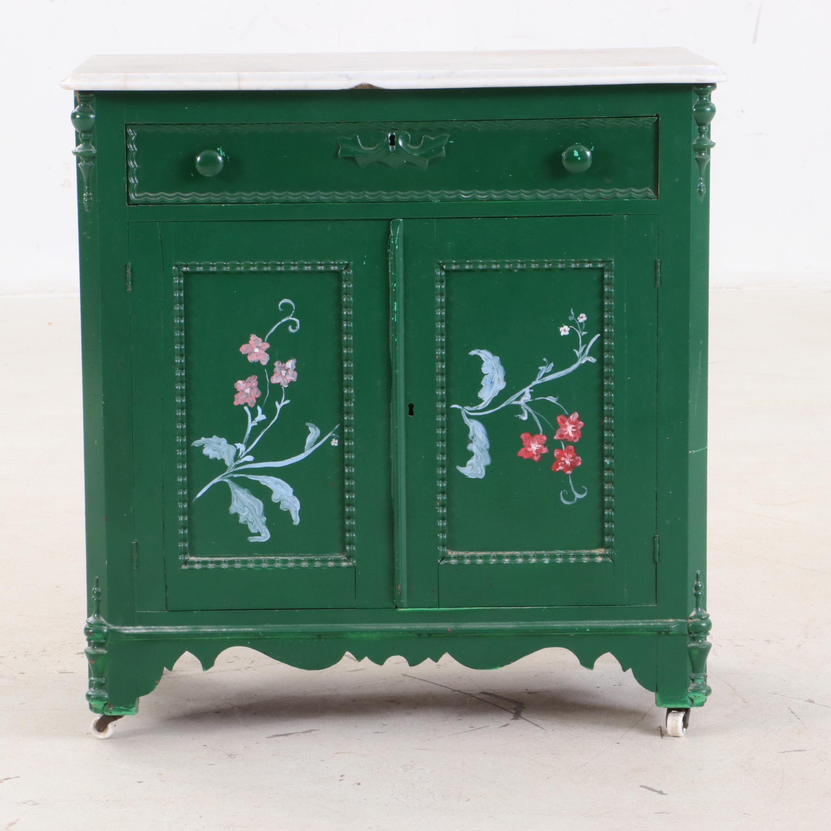 Victorian Paint-Decorated and White Marble Washstand, Late 19th Century & Later