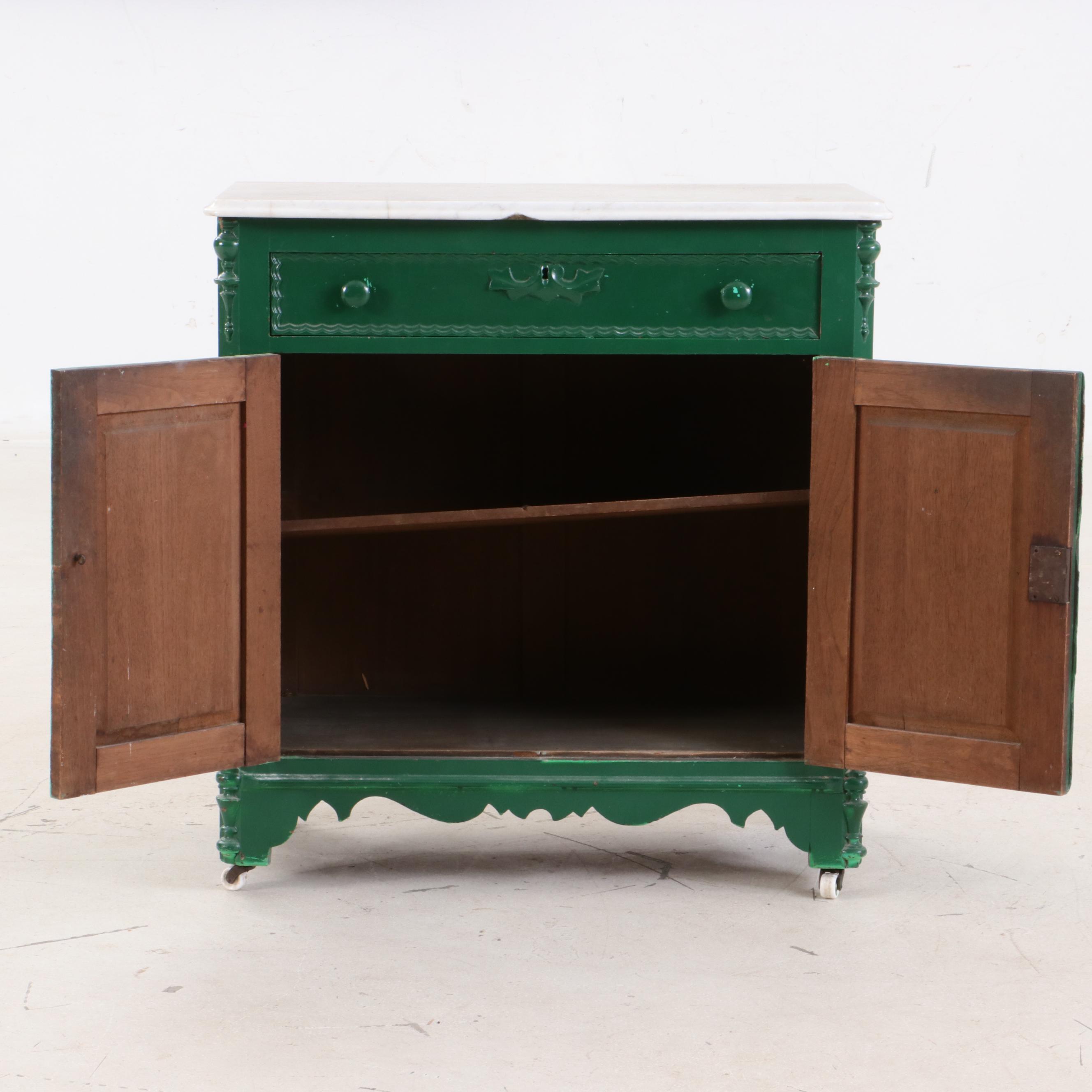 Victorian Paint-Decorated and White Marble Washstand, Late 19th Century & Later
