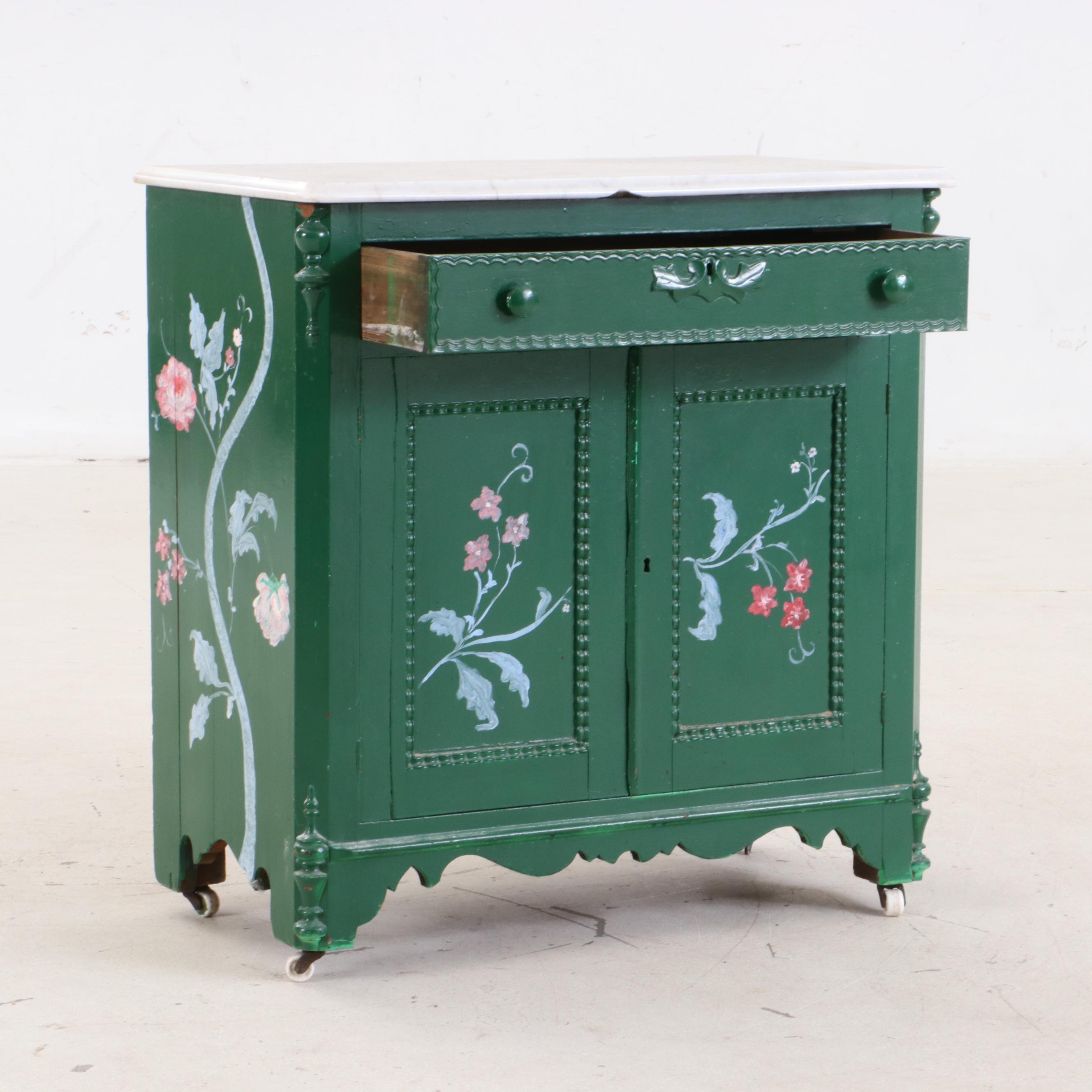 Victorian Paint-Decorated and White Marble Washstand, Late 19th Century & Later