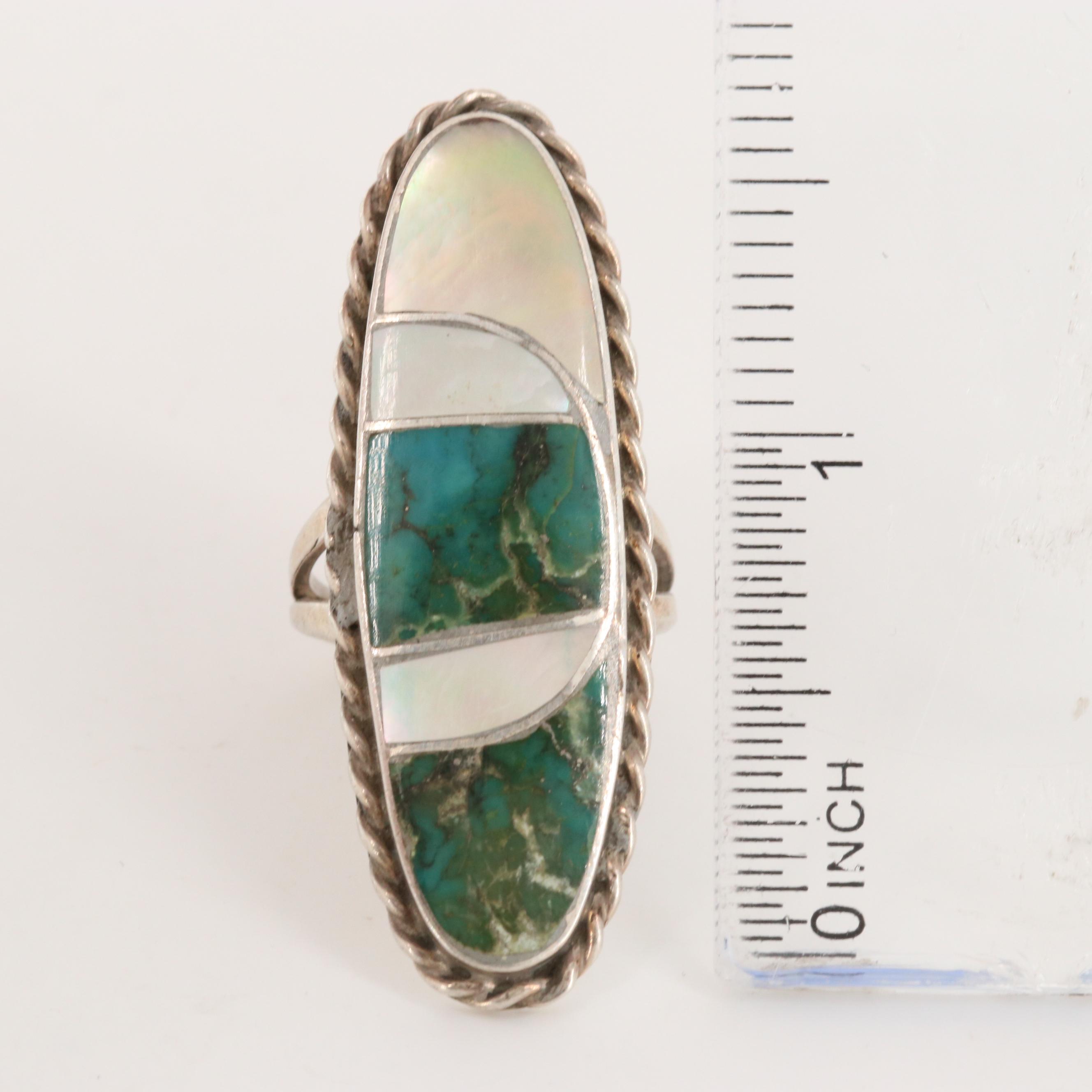Norman Lee Navajo Diné Sterling Silver Turquoise and Mother Of Pearl Ring