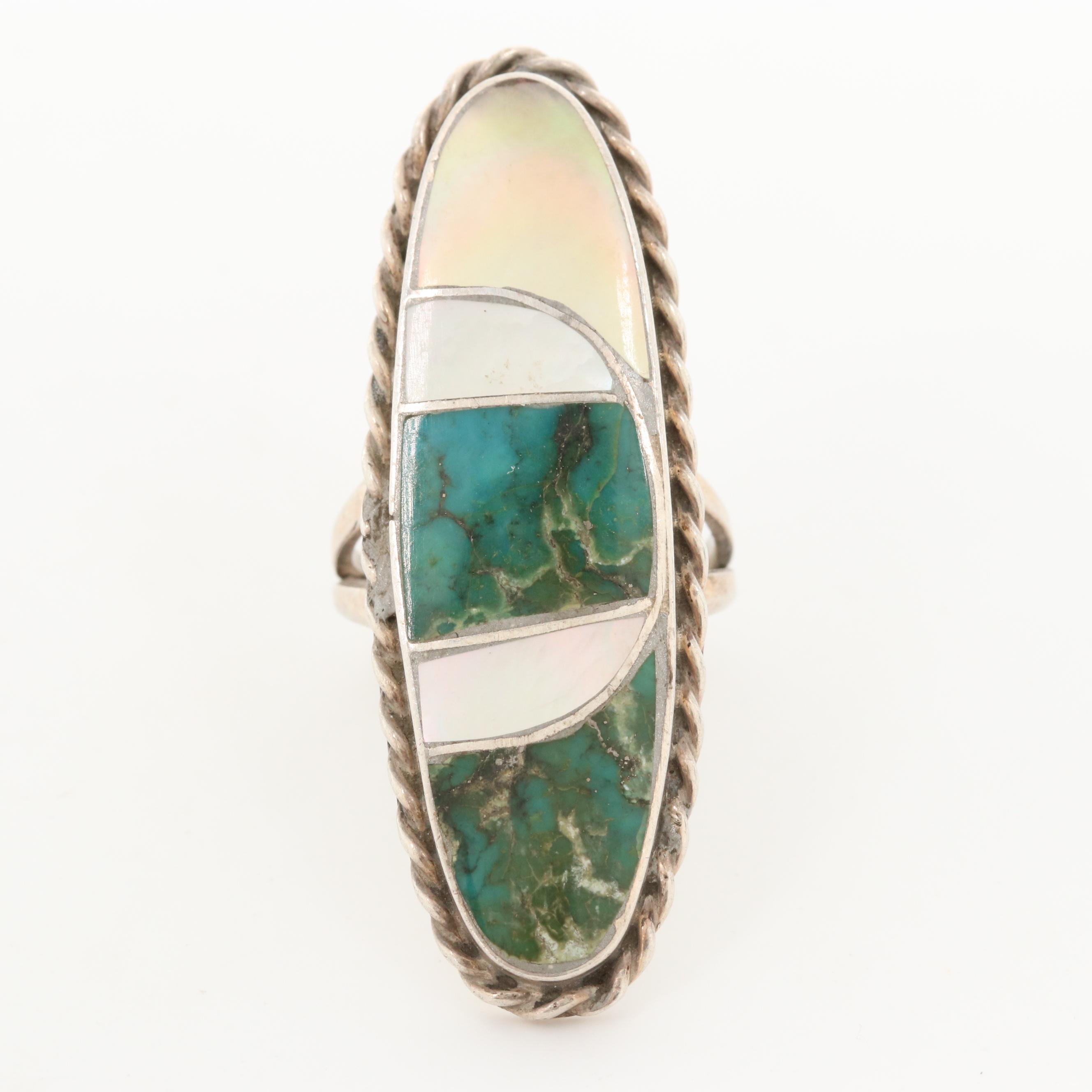 Norman Lee Navajo Diné Sterling Silver Turquoise and Mother Of Pearl Ring