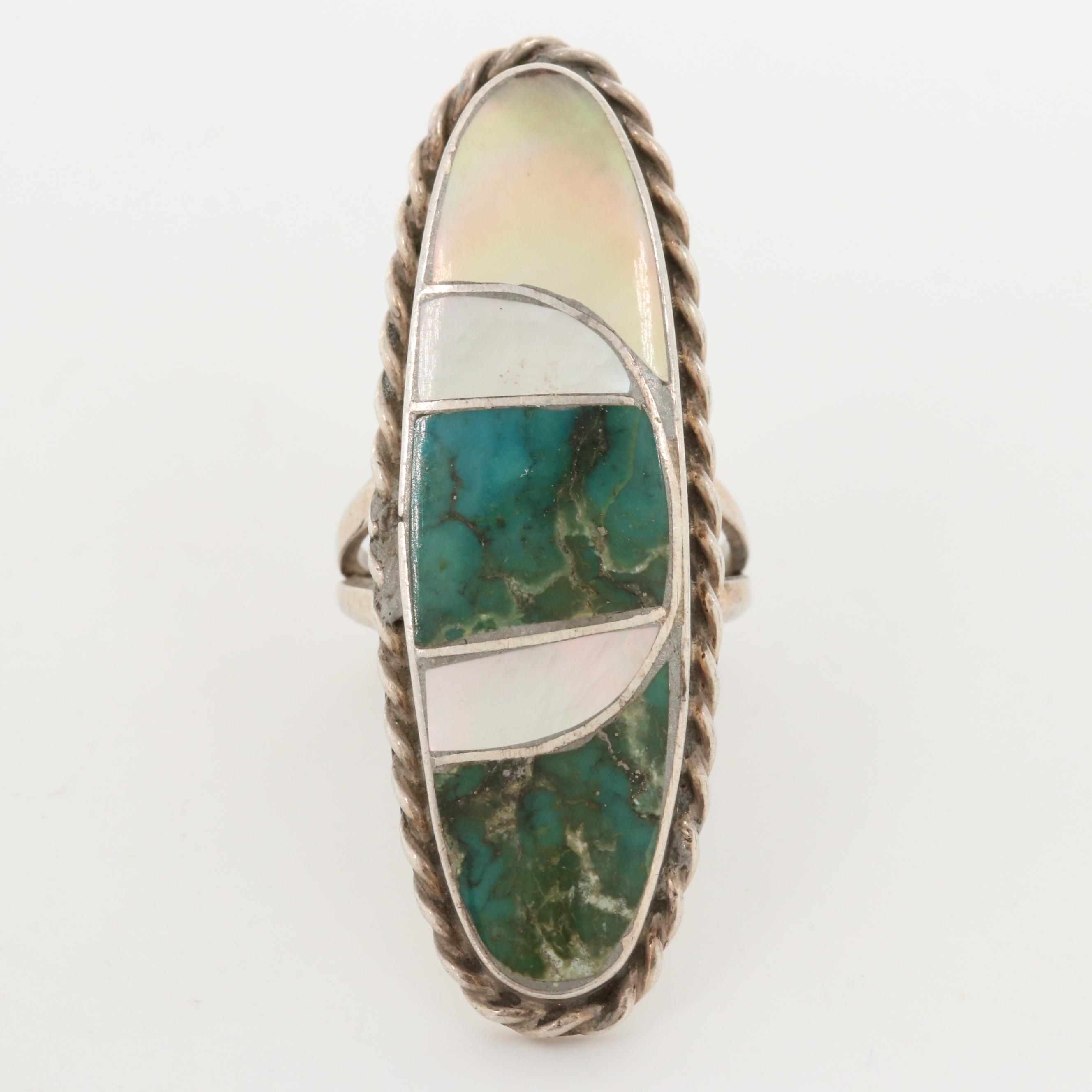 Norman Lee Navajo Diné Sterling Silver Turquoise and Mother Of Pearl Ring