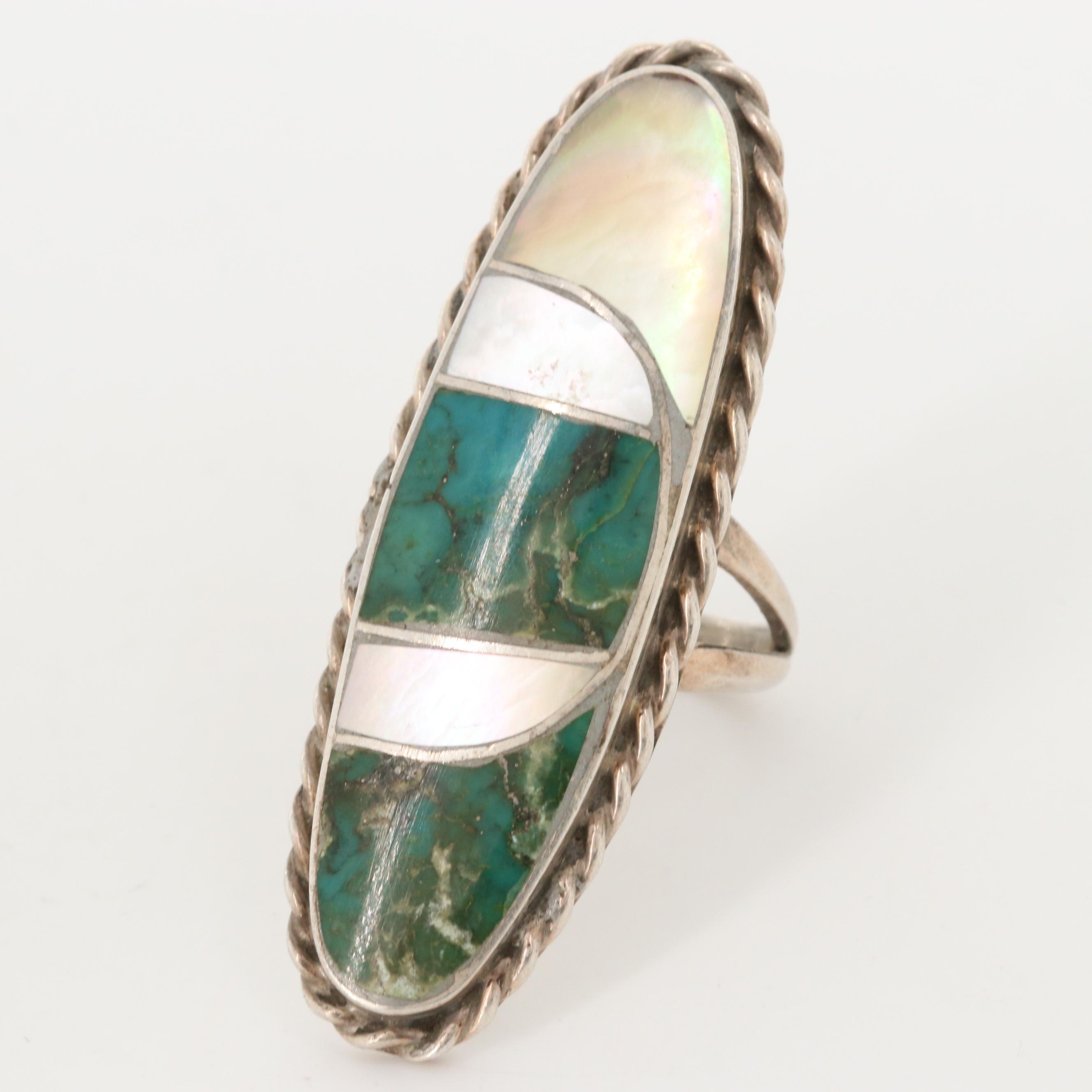 Norman Lee Navajo Diné Sterling Silver Turquoise and Mother Of Pearl Ring