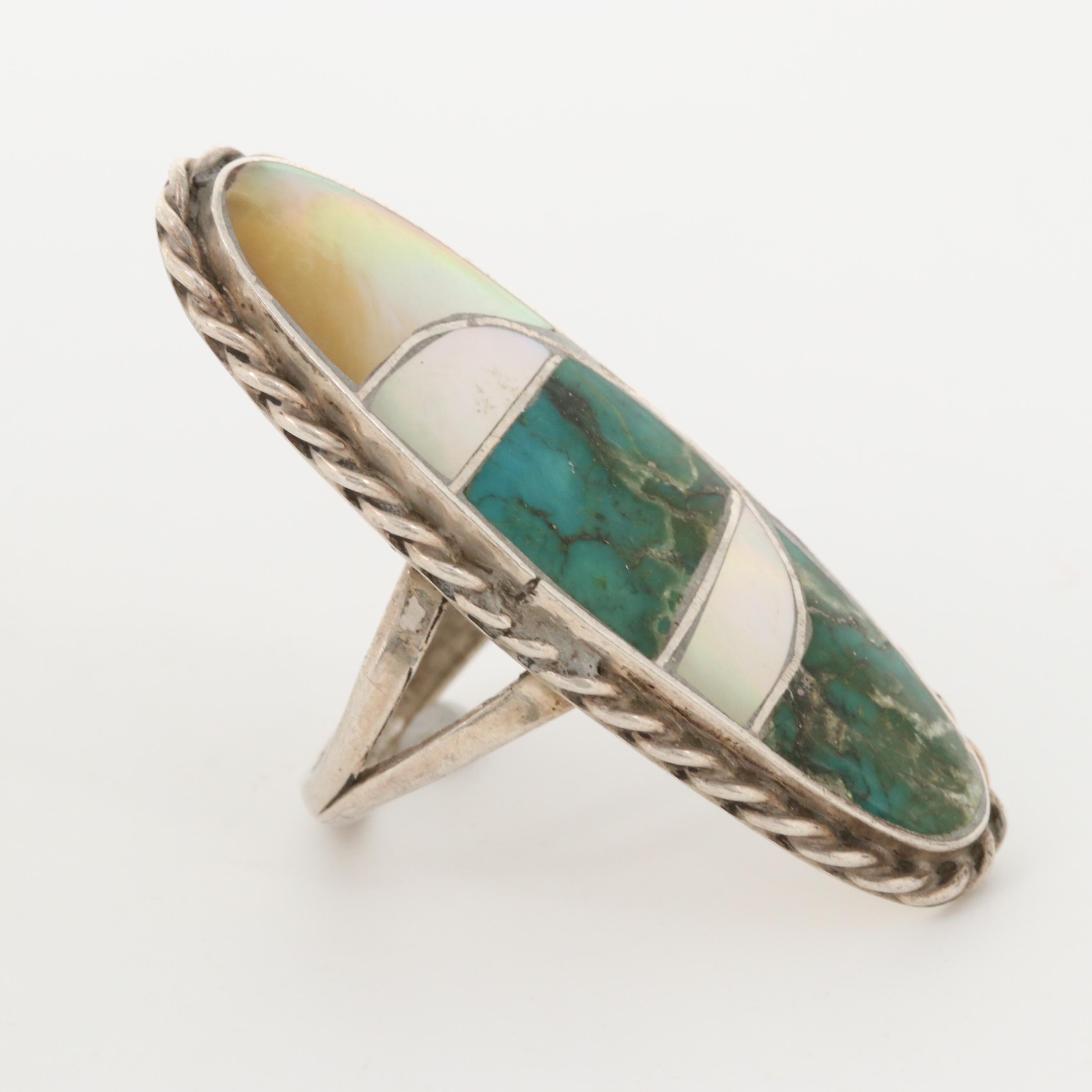 Norman Lee Navajo Diné Sterling Silver Turquoise and Mother Of Pearl Ring