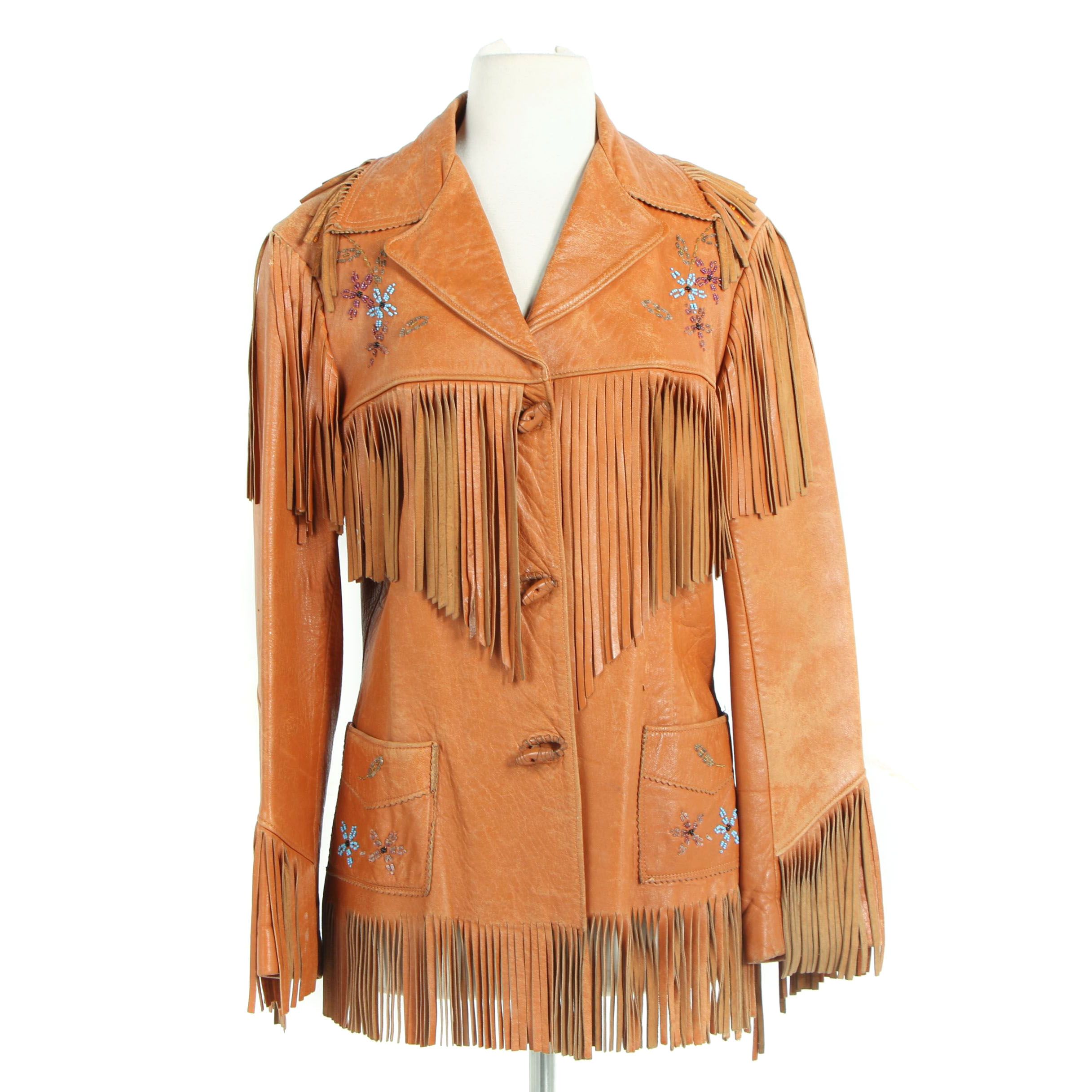 Chris Line Originals Leather Jacket with Fringe and Beaded Flowers, Vintage