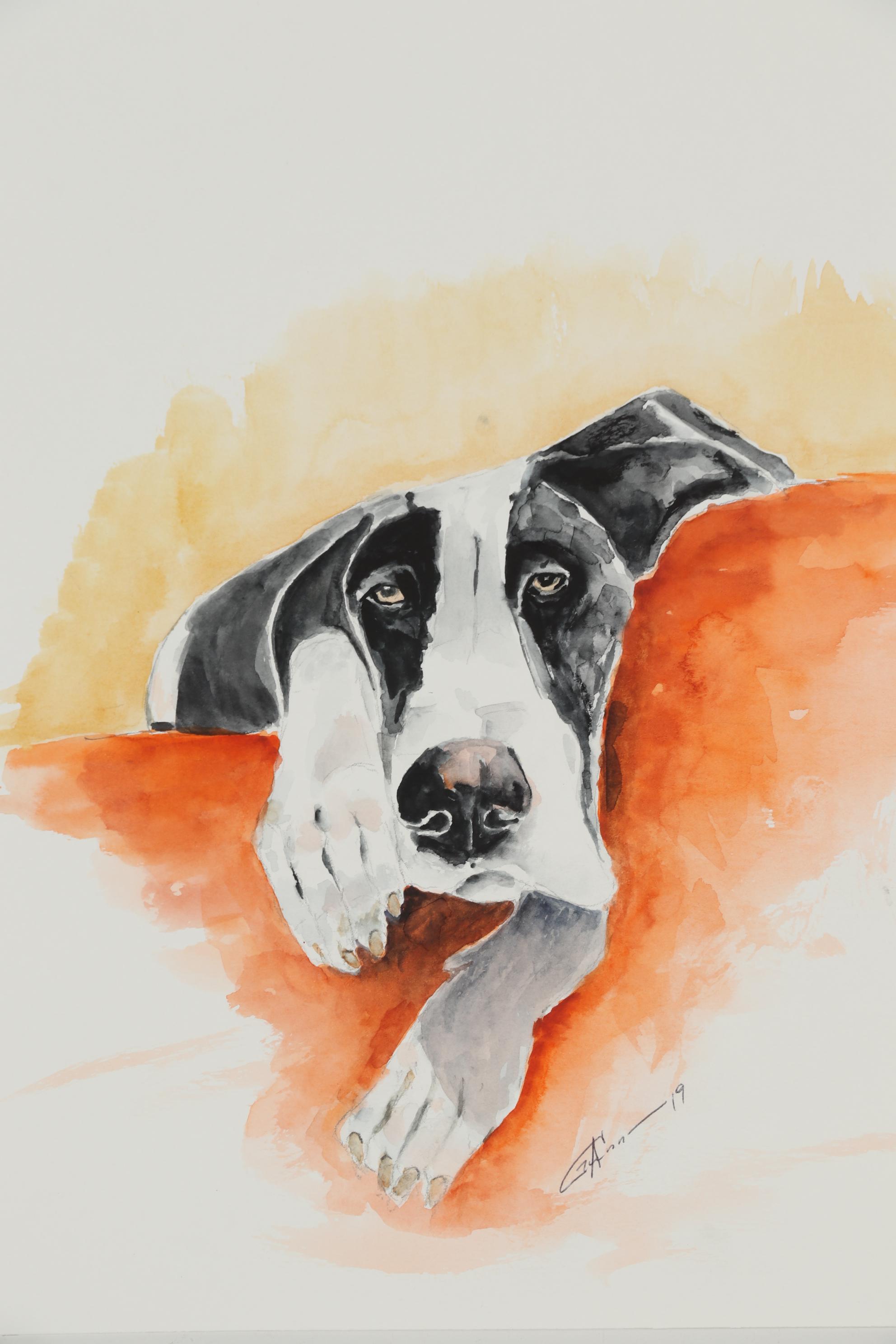 Alex Gunn Watercolor Painting of Relaxed Dog Portrait