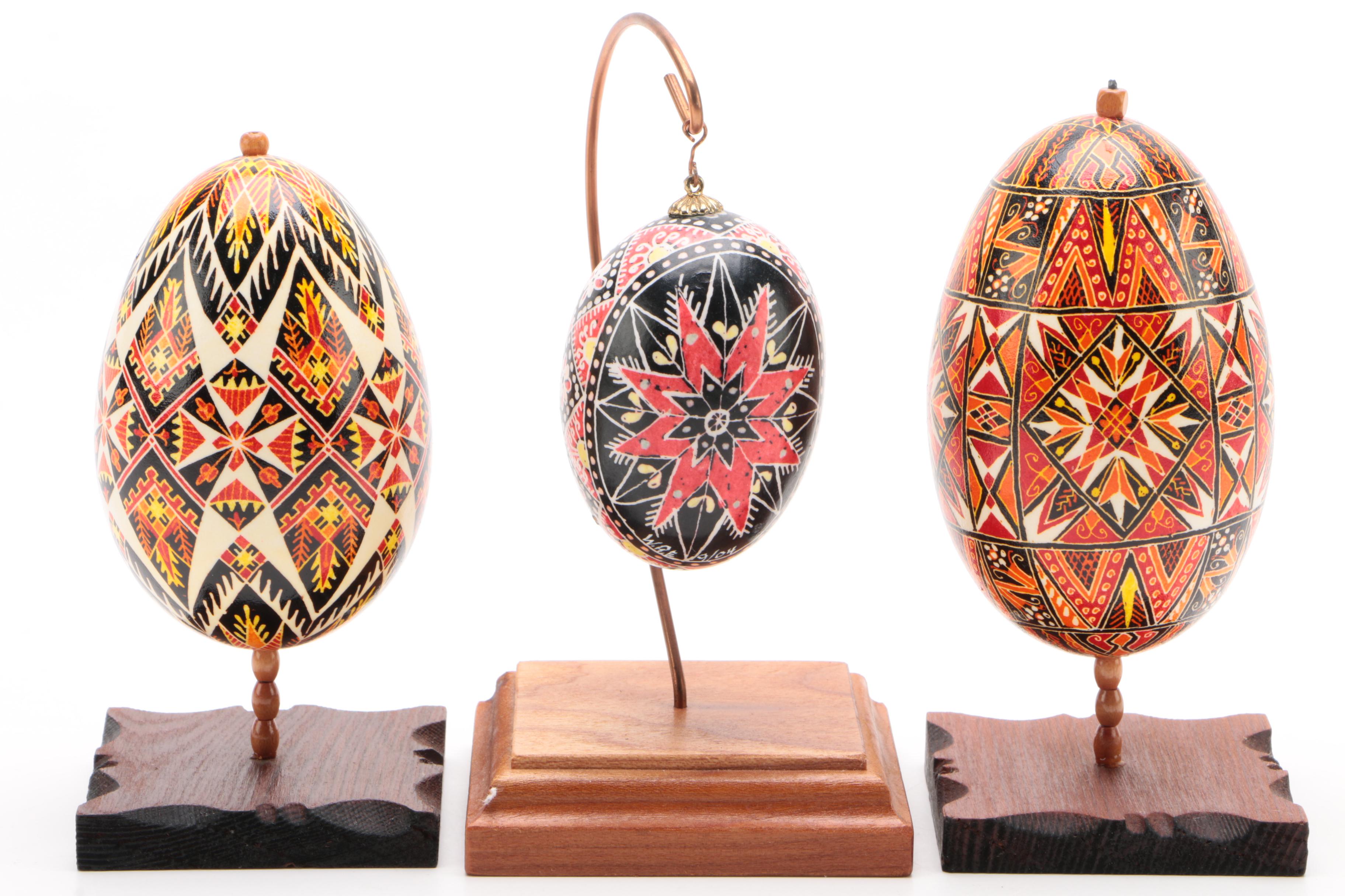 Ukrainian Wax-Resist Dyed Pysanky Easter Eggs and Trinket Dish