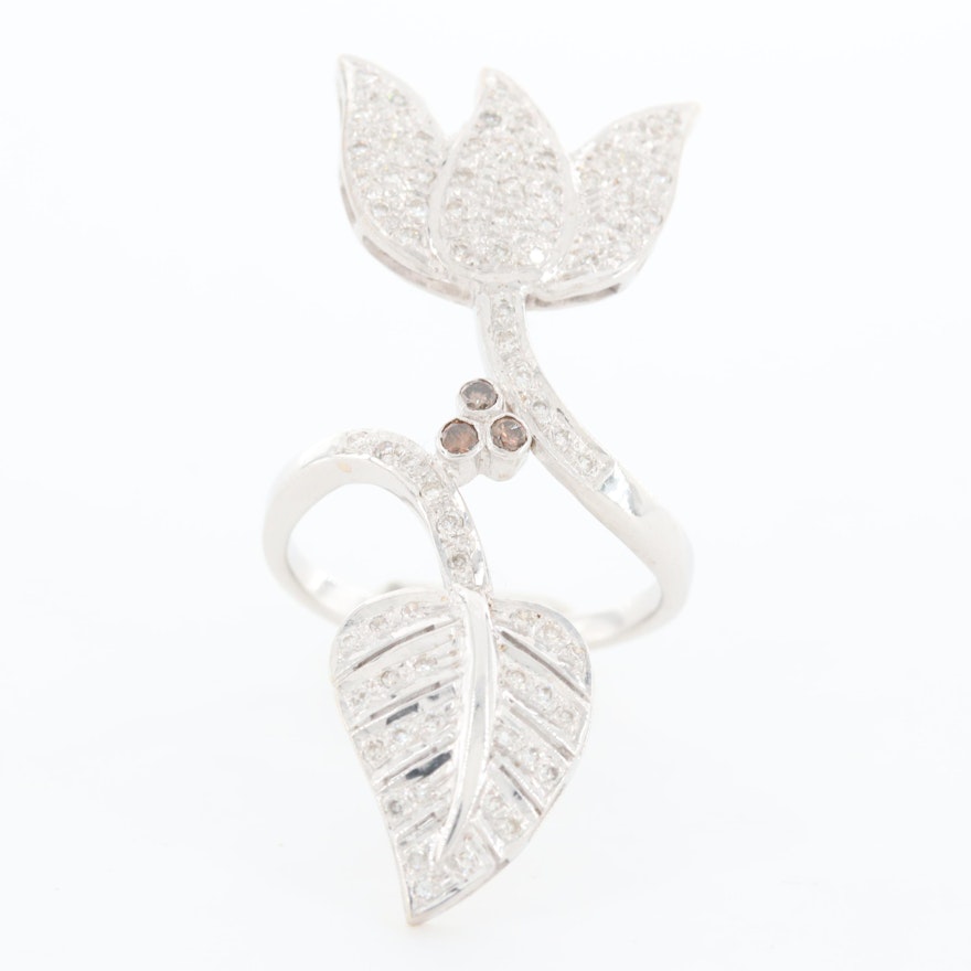 18K White Gold Diamond Flower Motif Bypass Ring