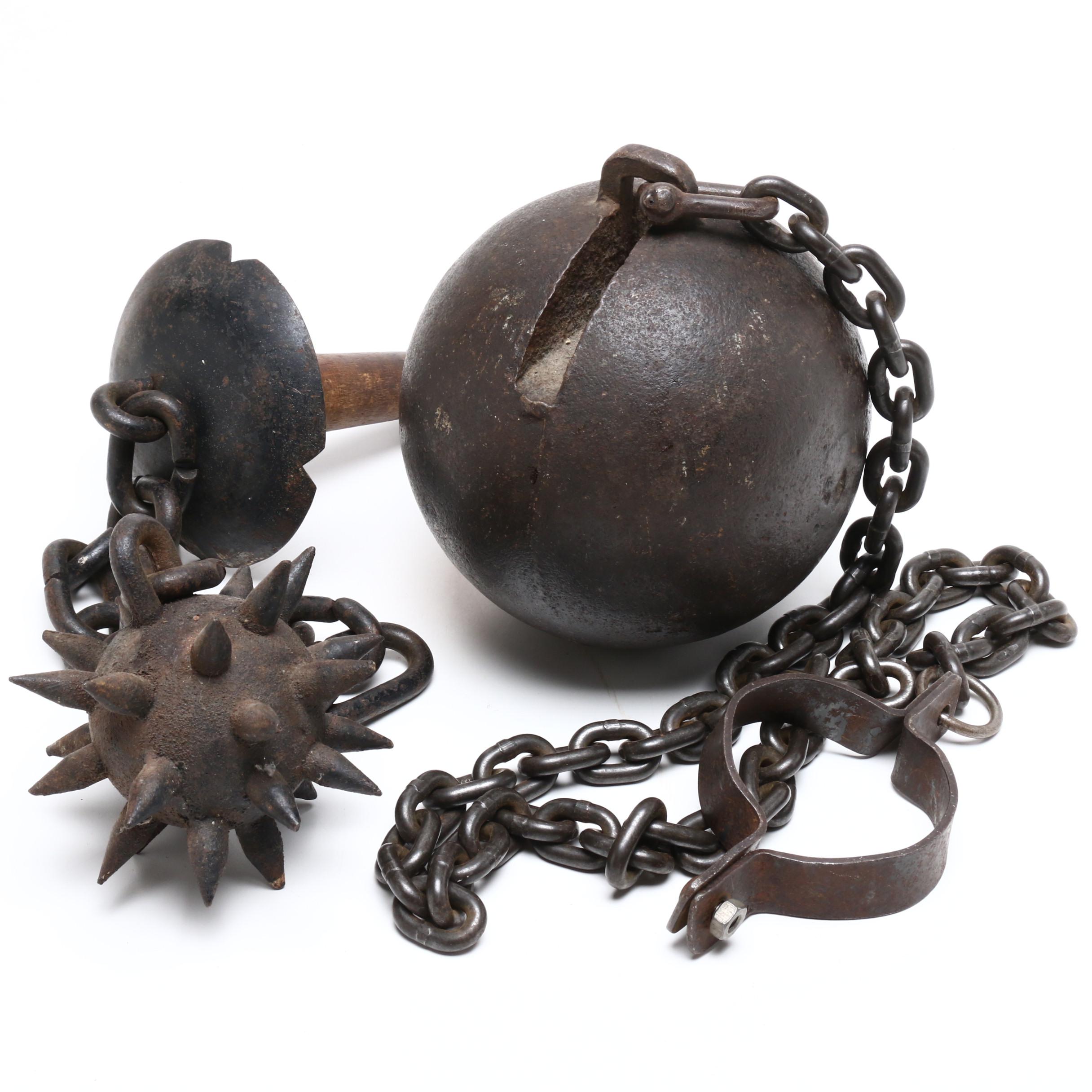 Medieval Style Iron Flail and "Ball and Chain" Restraint, Vintage