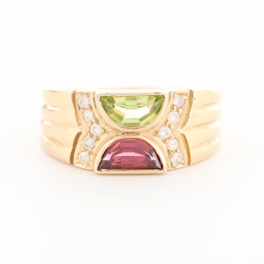 14K Yellow Gold Peridot, Rhodolite Garnet and Diamond Ring