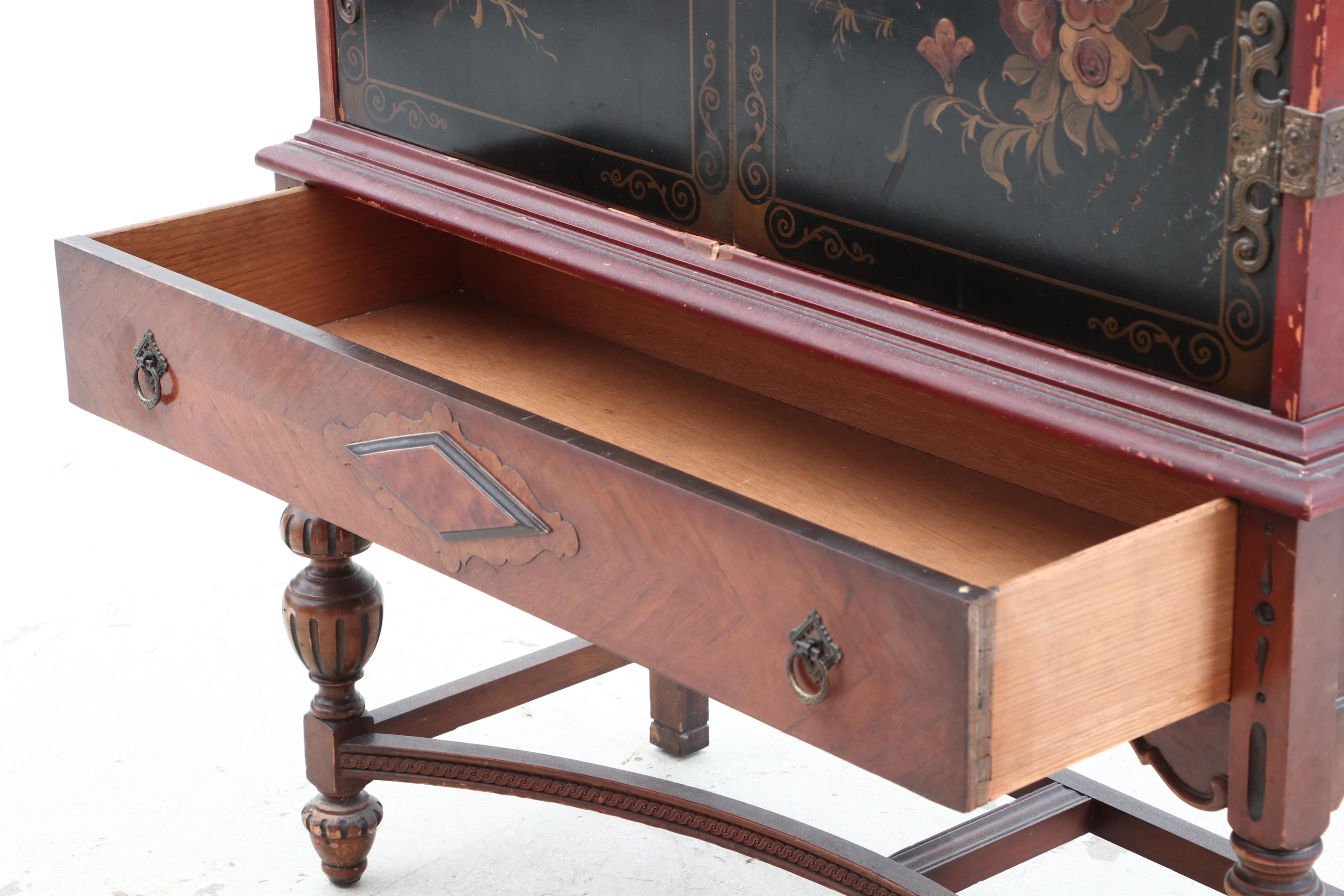 Jacobean Style Chinoiserie Lacquered Cabinet, Circa 1920