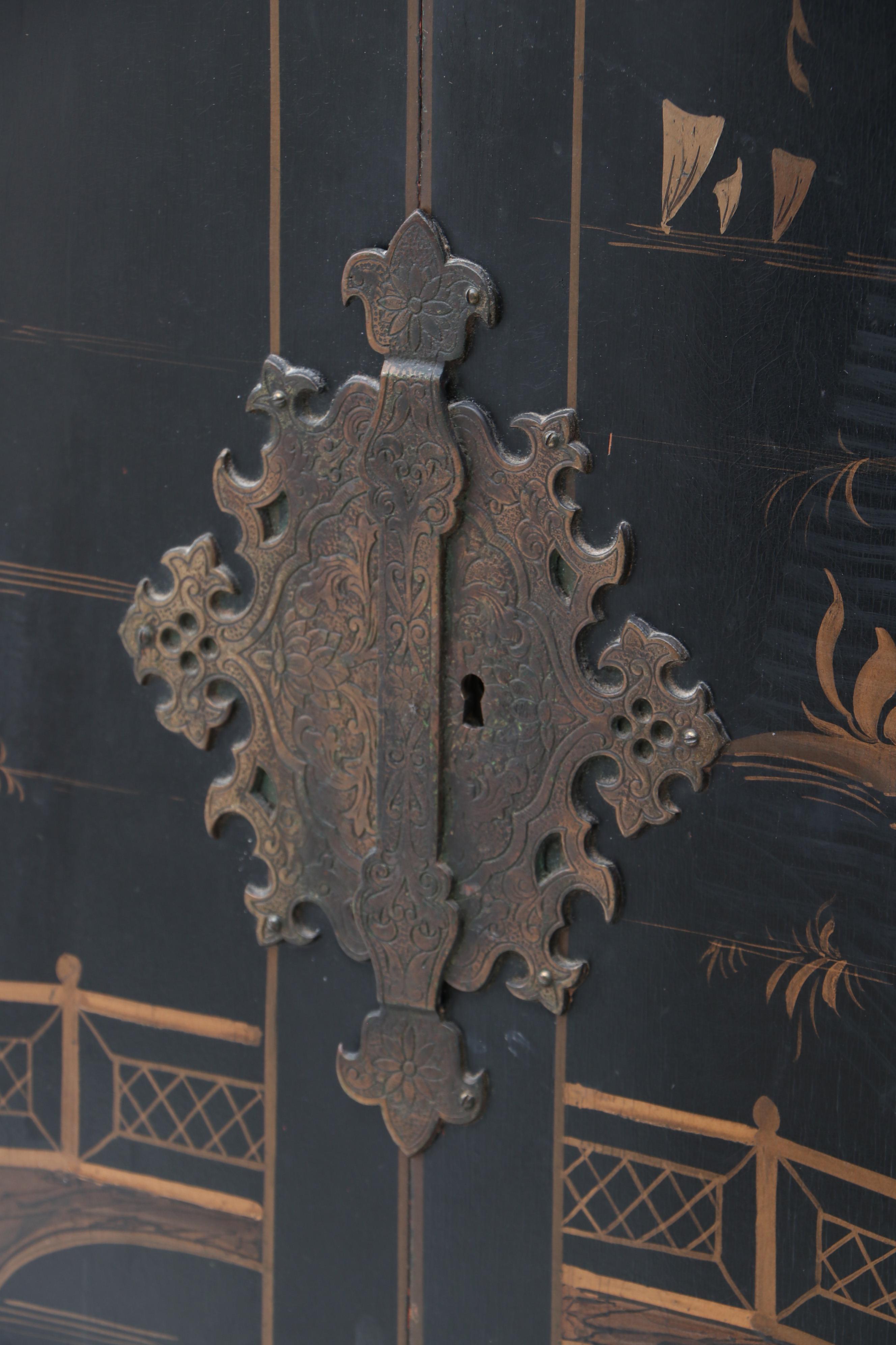 Jacobean Style Chinoiserie Lacquered Cabinet, Circa 1920