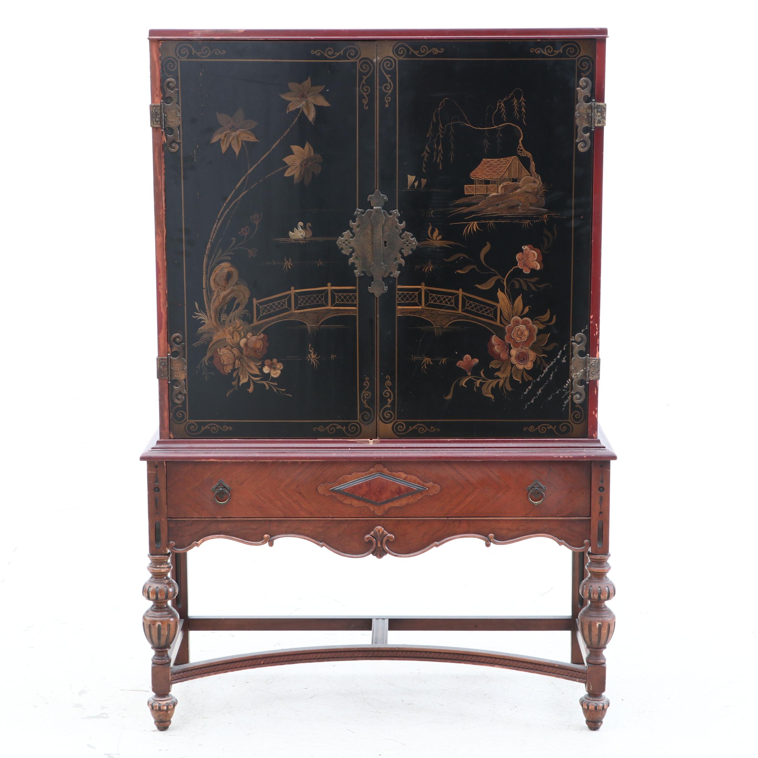 Jacobean Style Chinoiserie Lacquered Cabinet, Circa 1920