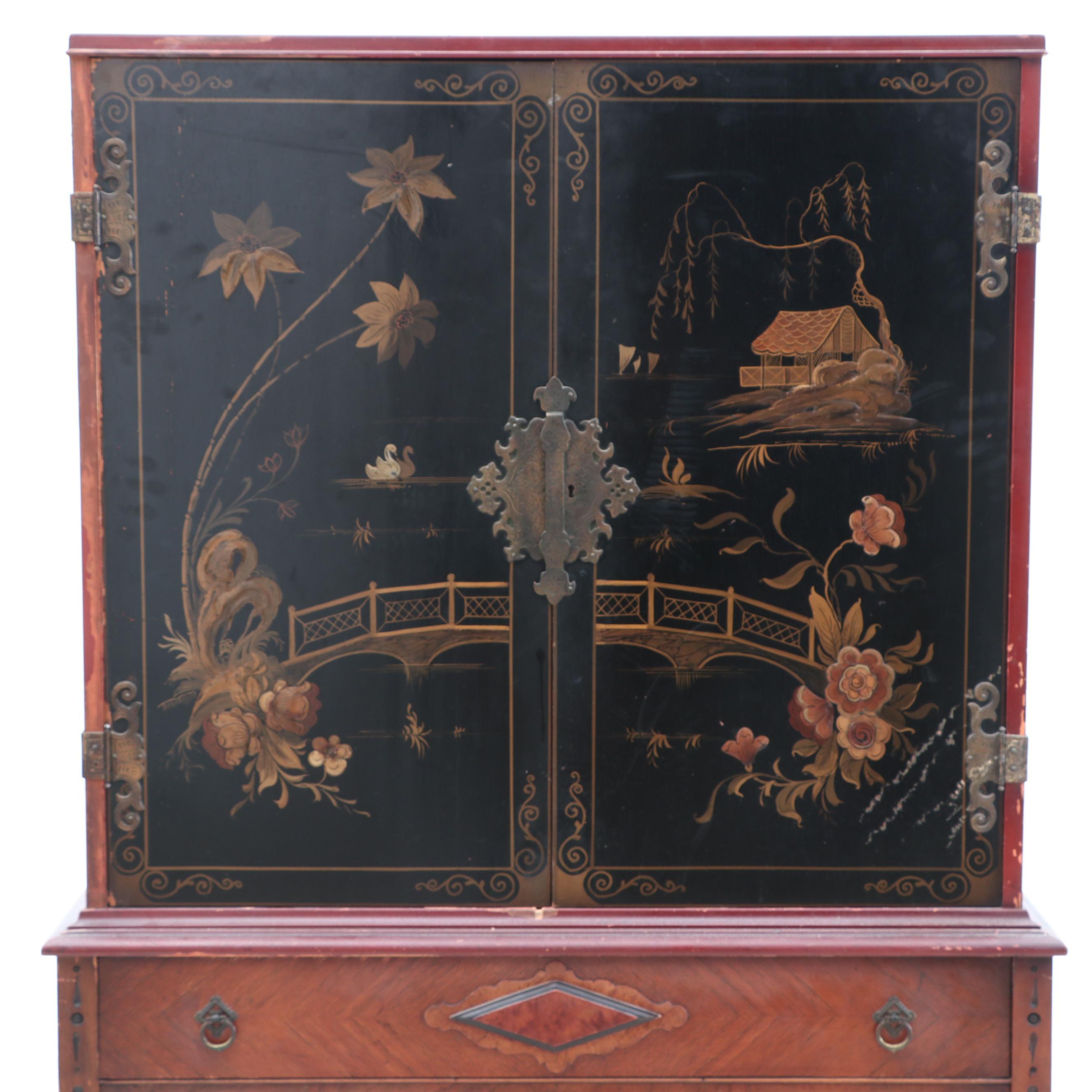 Jacobean Style Chinoiserie Lacquered Cabinet, Circa 1920