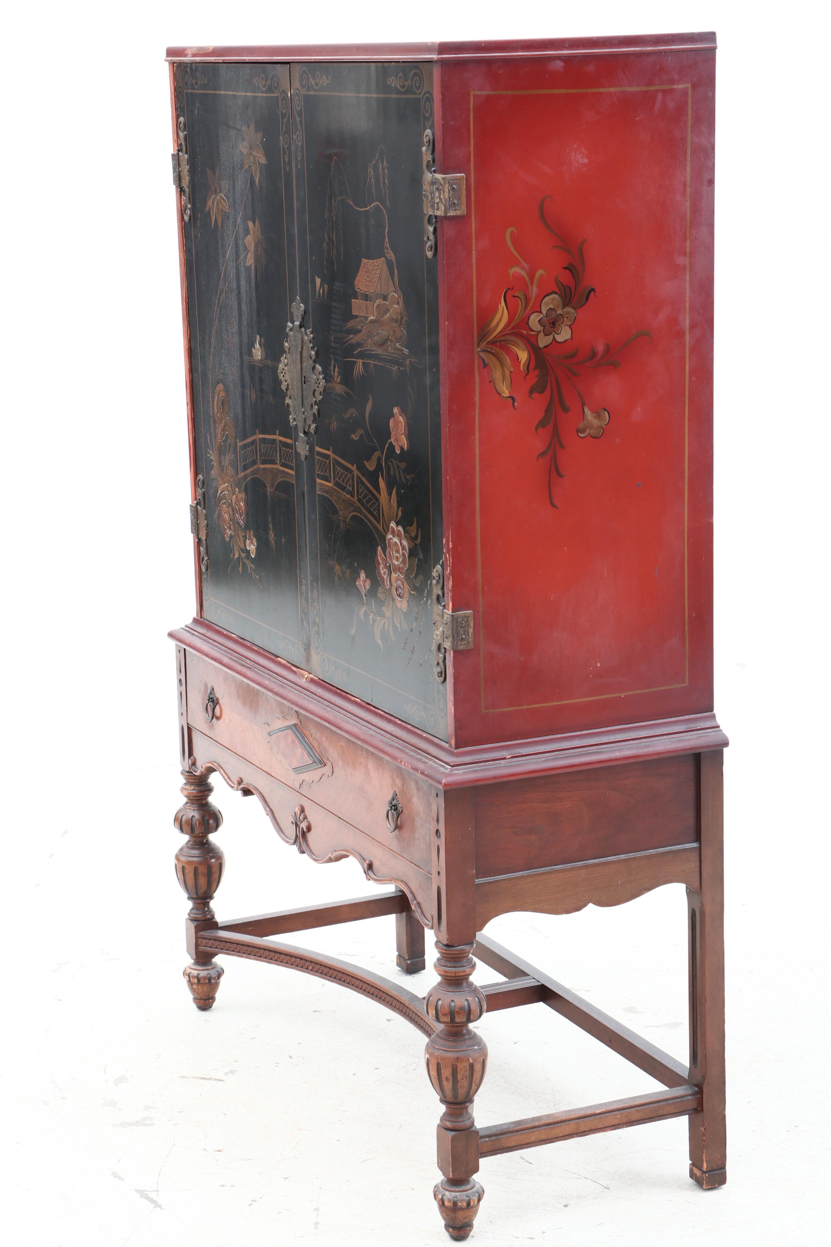 Jacobean Style Chinoiserie Lacquered Cabinet, Circa 1920