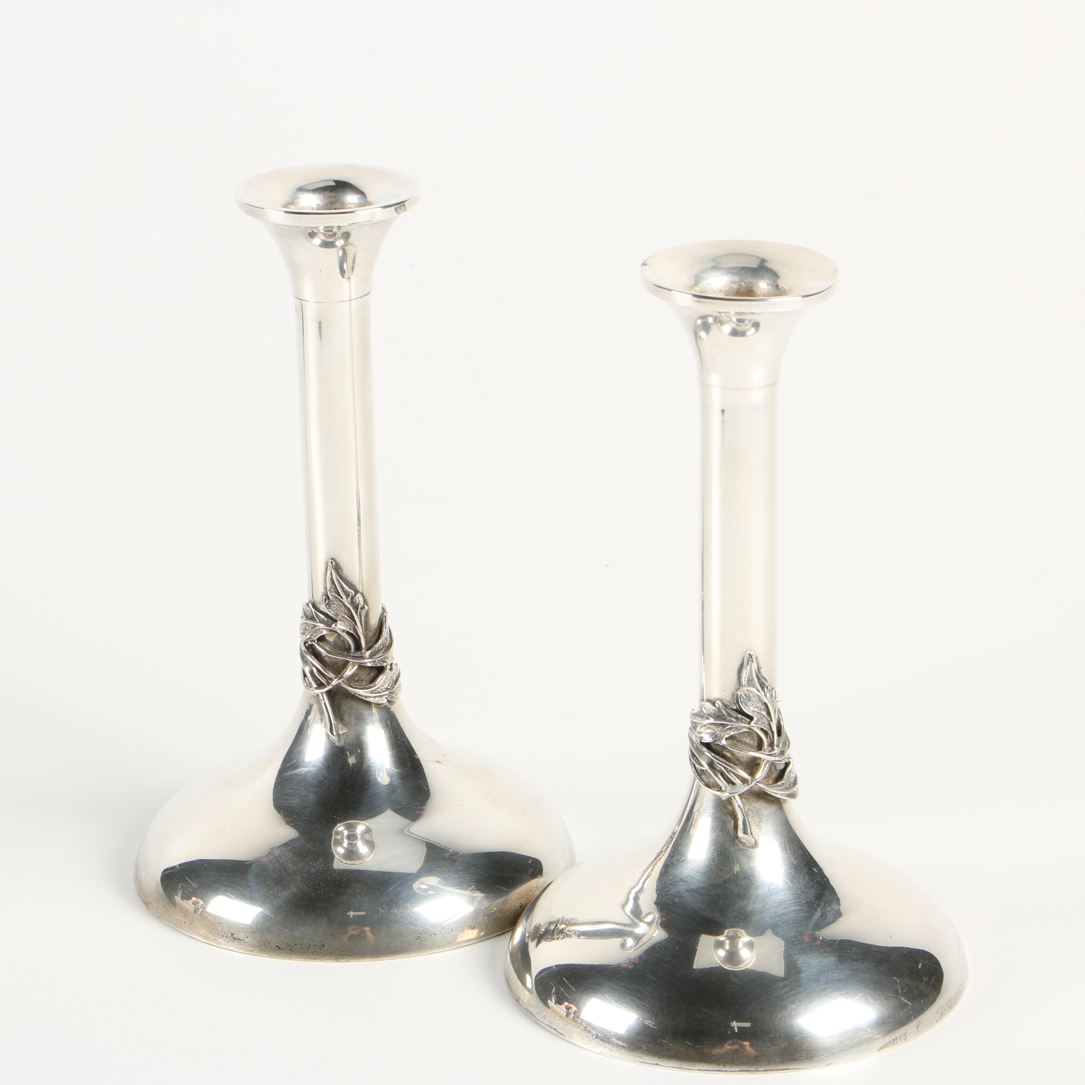 Pair of Süren of Istanbul 900 Silver Candlesticks with Foliate Motif