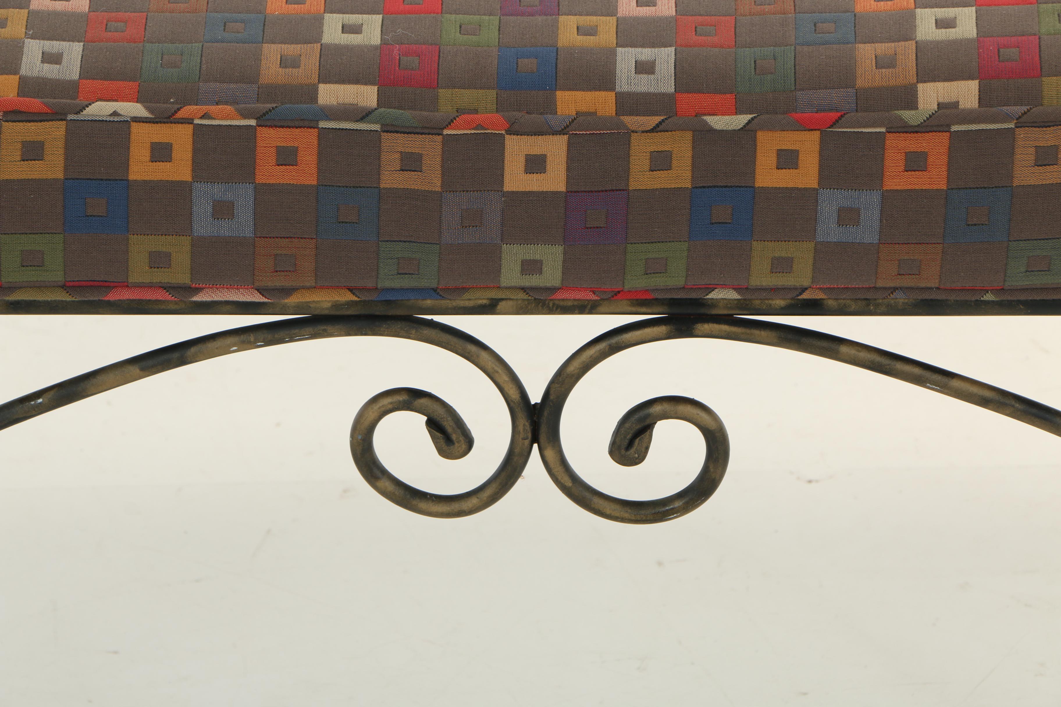 Contemporary Iron-Patinated Metal Bench with Geometric Seat Cushion