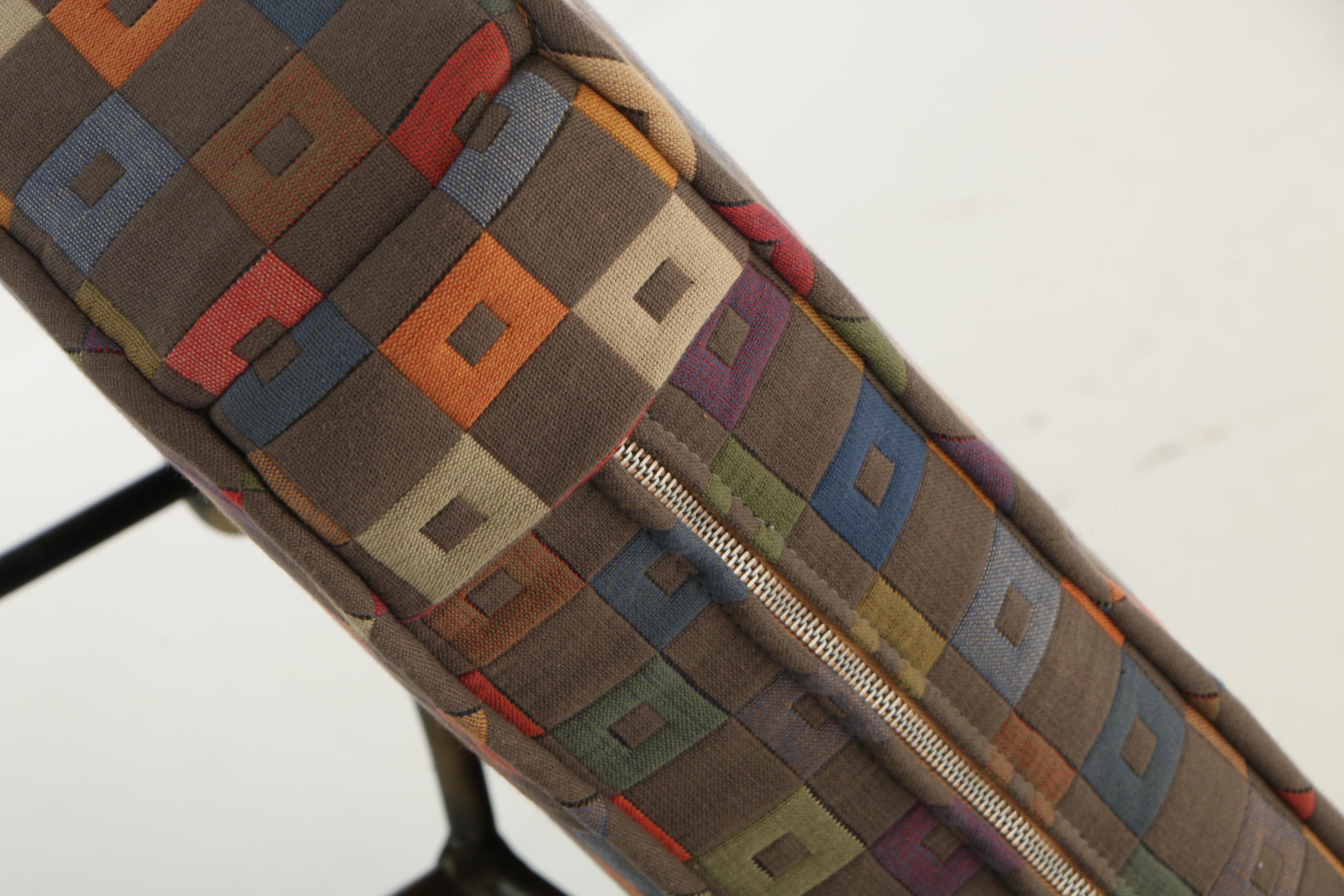 Contemporary Iron-Patinated Metal Bench with Geometric Seat Cushion