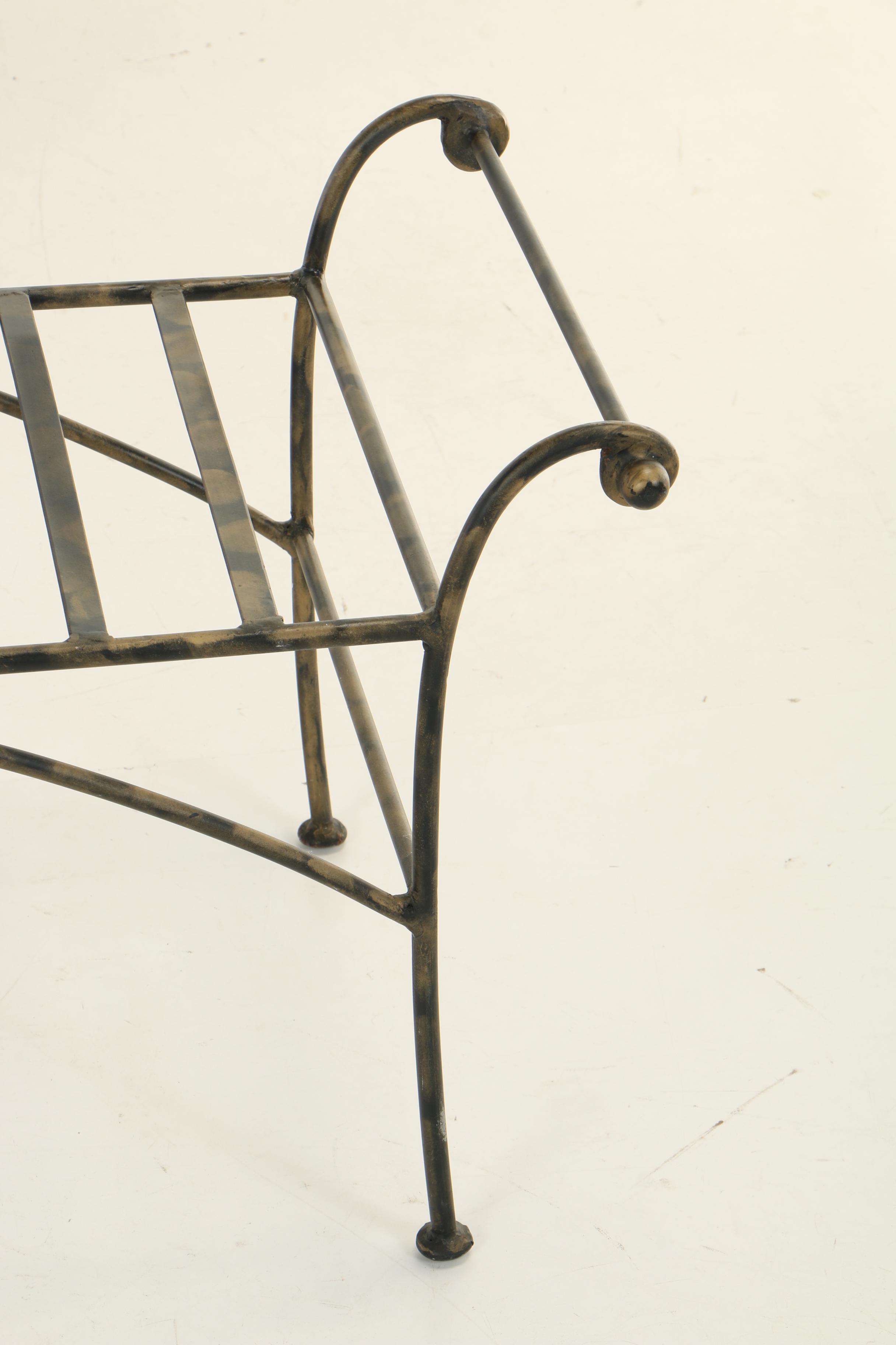 Contemporary Iron-Patinated Metal Bench with Geometric Seat Cushion