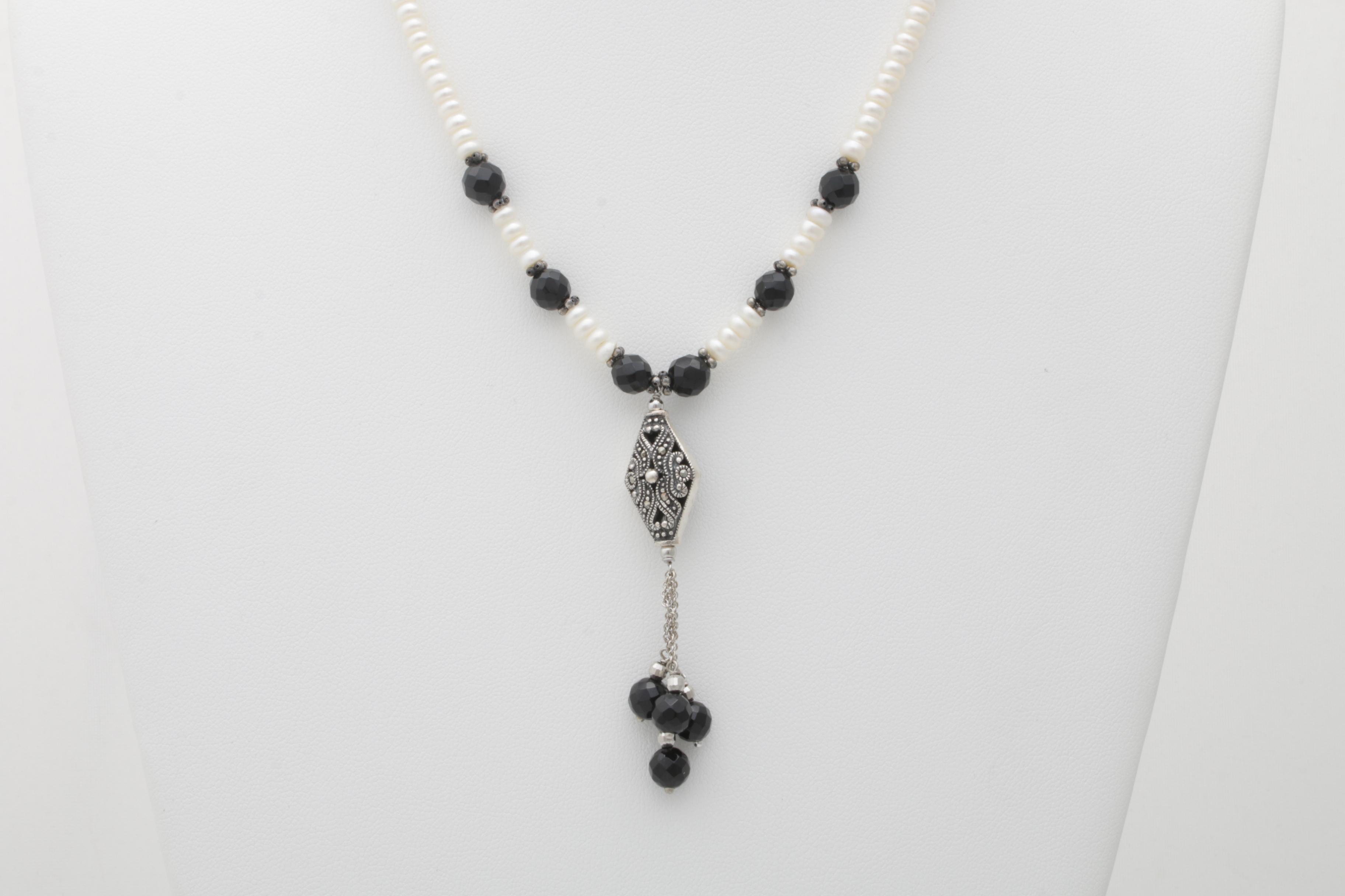 Sterling Silver Freshwater Pearl and Onyx Necklace
