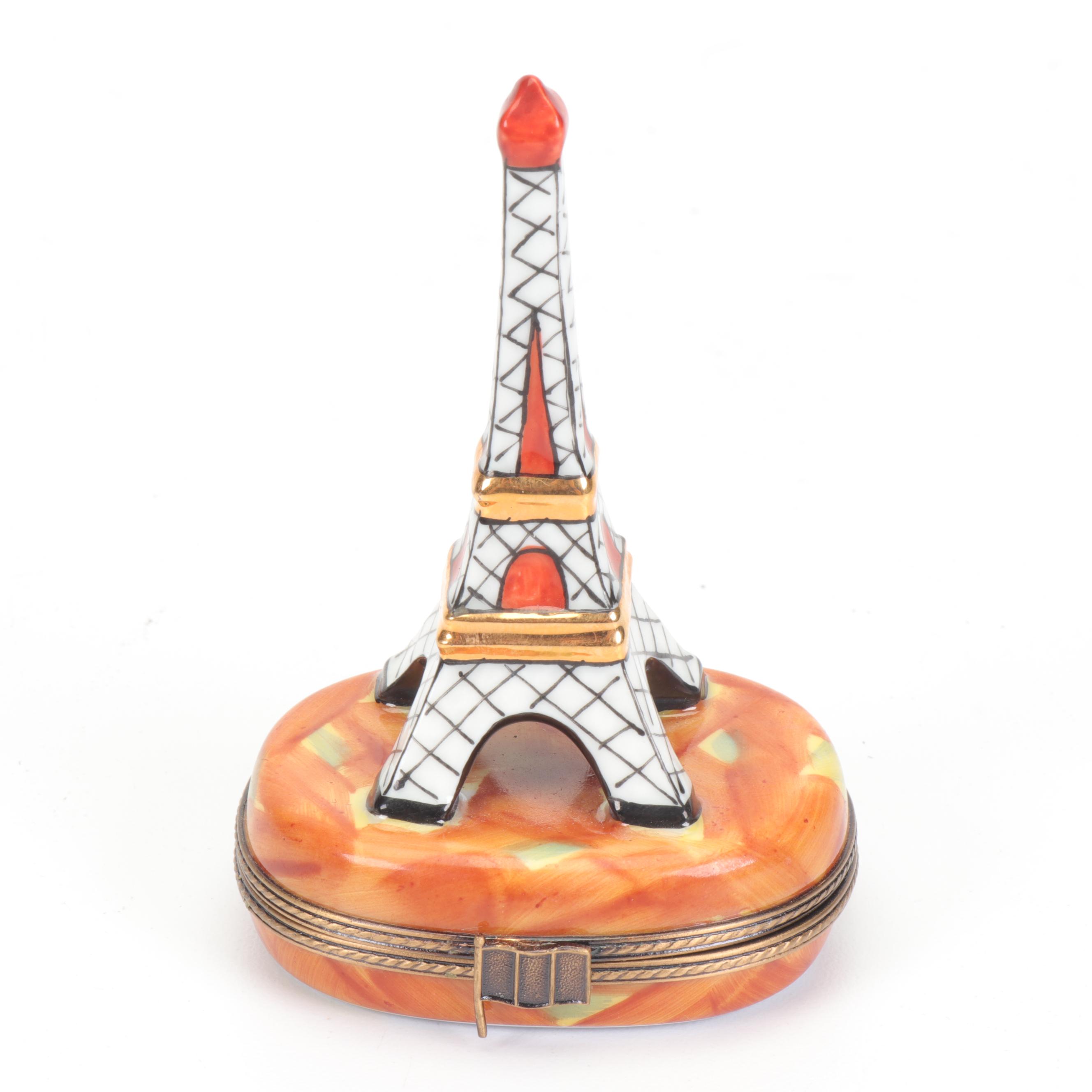 Limoges Hand-Painted Eiffel Tower Shaped Porcelain Trinket Box