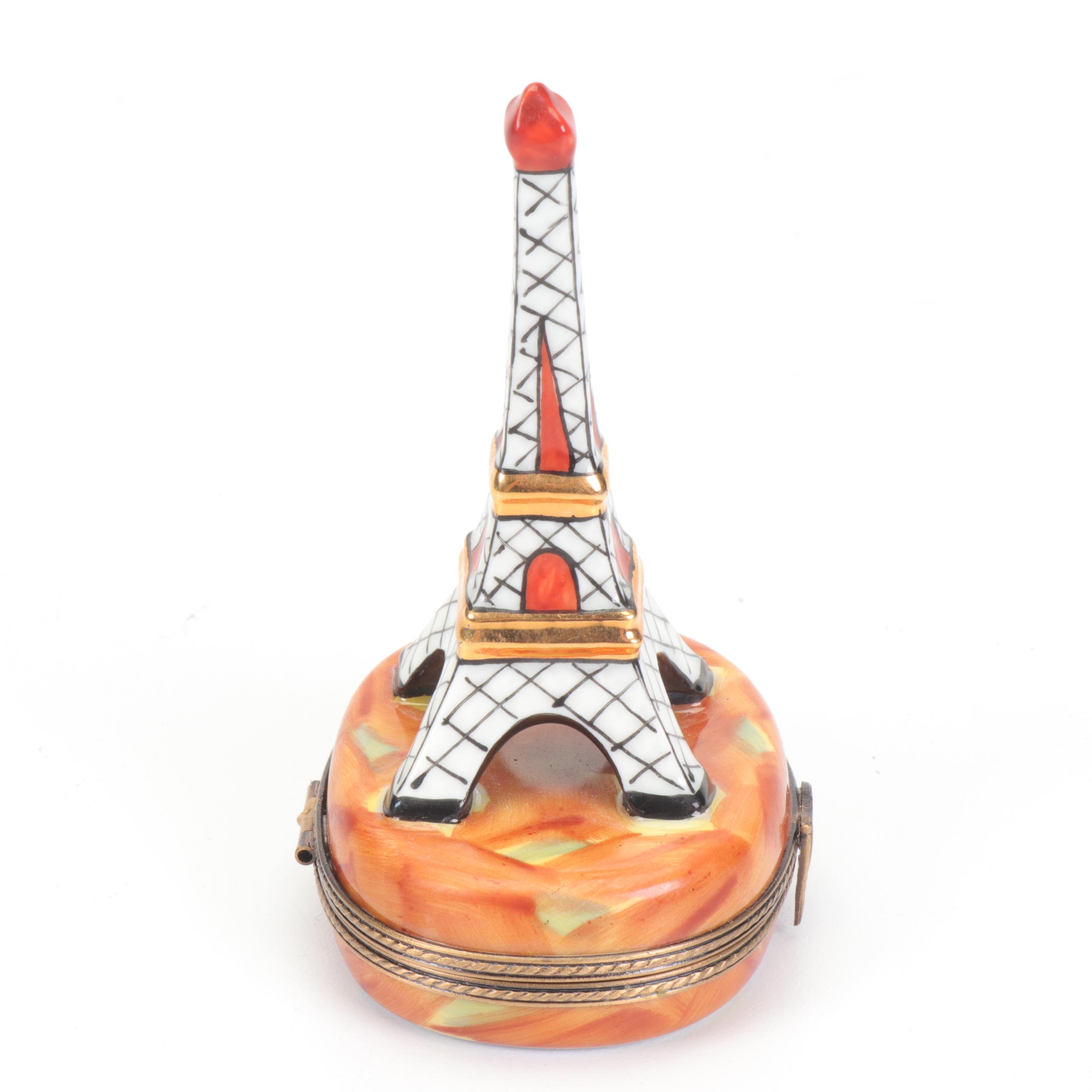 Limoges Hand-Painted Eiffel Tower Shaped Porcelain Trinket Box