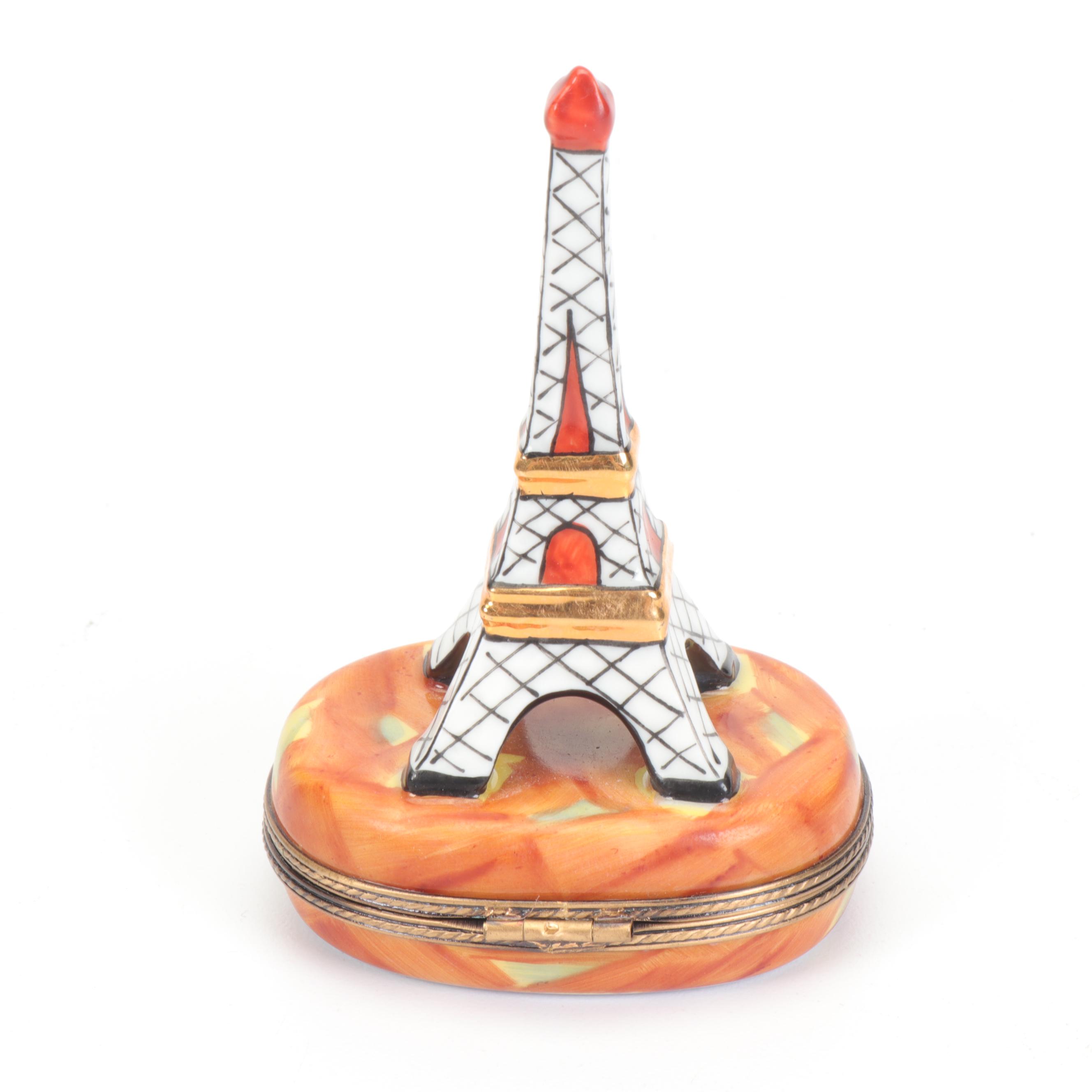 Limoges Hand-Painted Eiffel Tower Shaped Porcelain Trinket Box