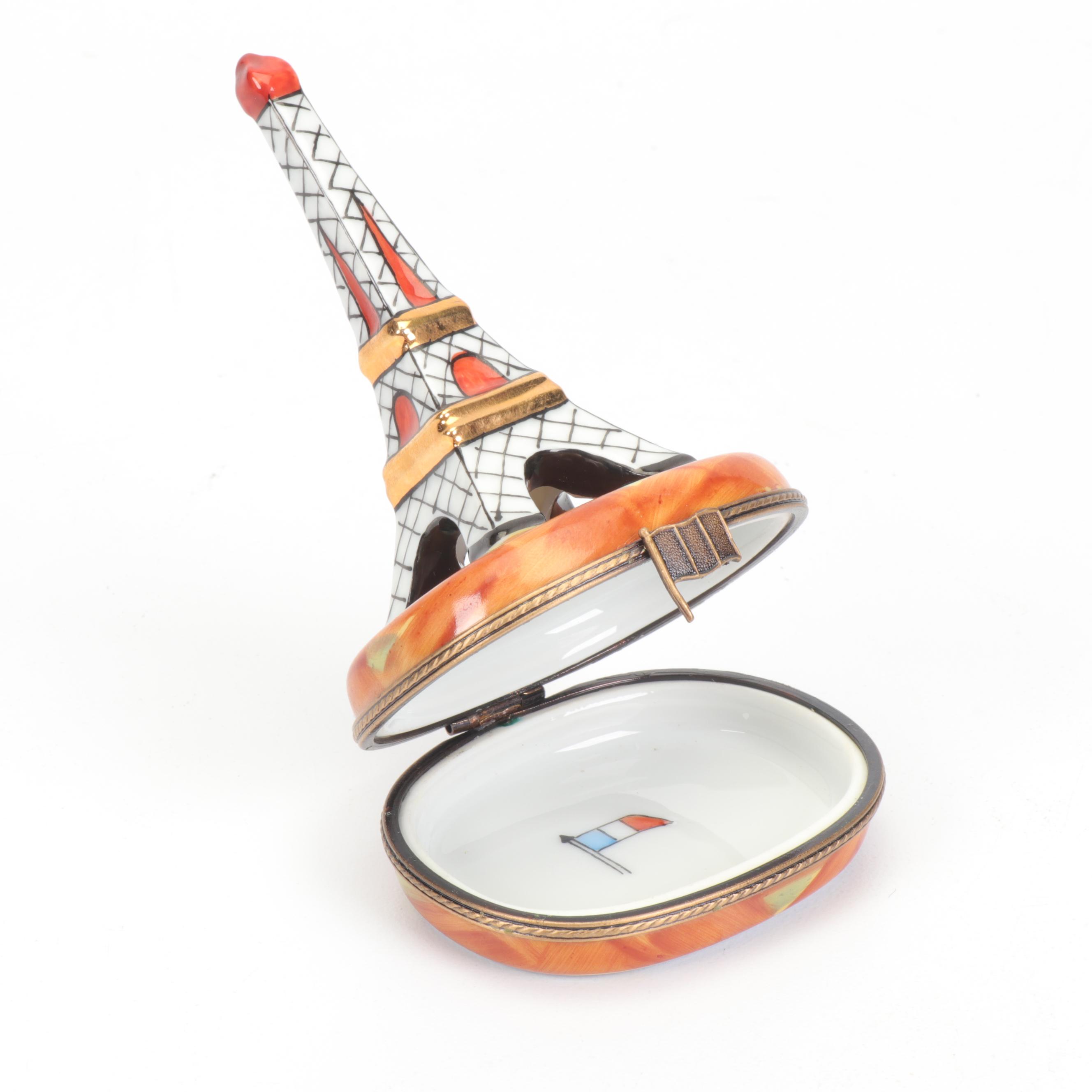 Limoges Hand-Painted Eiffel Tower Shaped Porcelain Trinket Box