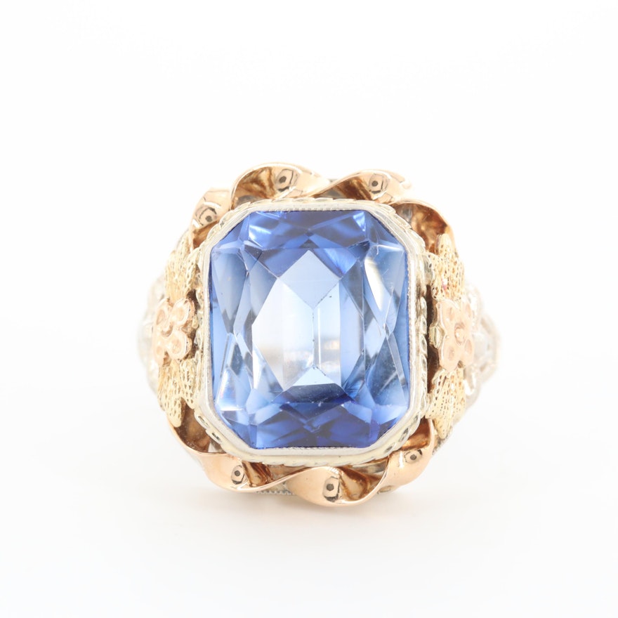 14K White and Yellow Gold Synthetic Sapphire Ring